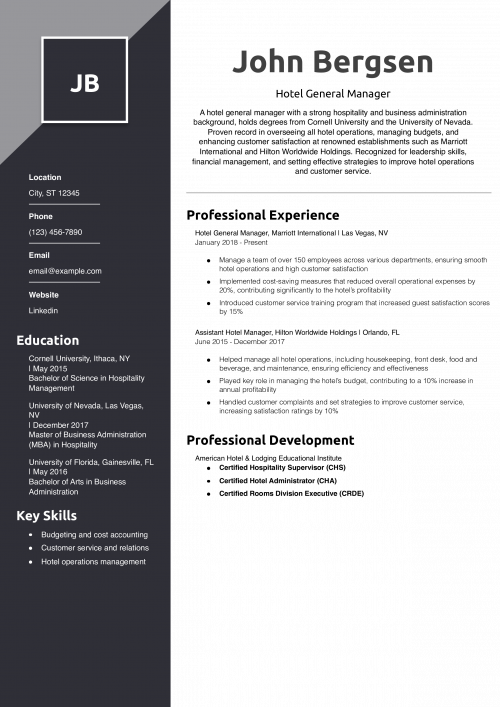 Hotel General Manager Resume Example