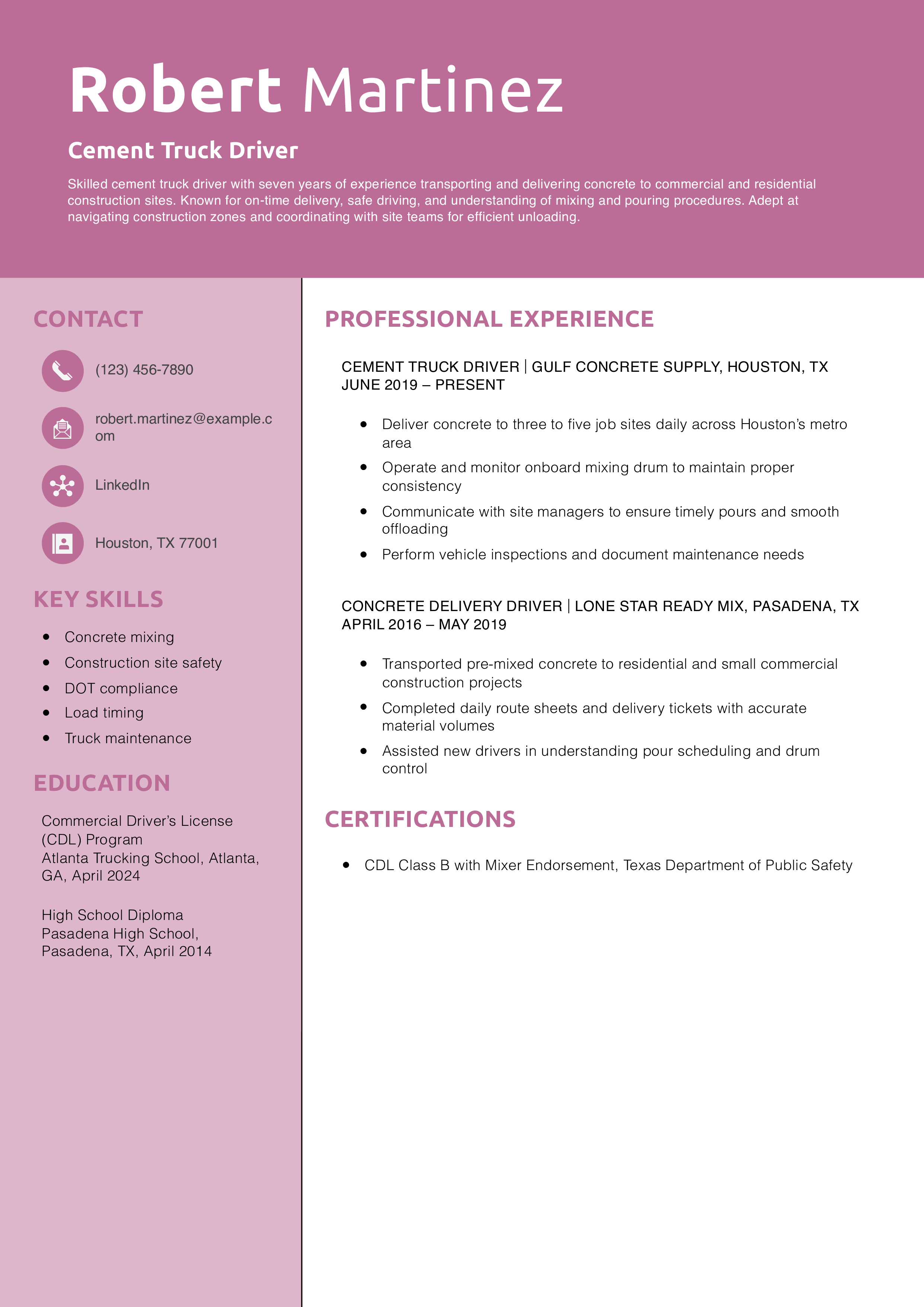Cement Truck Driver Resume