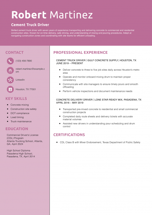 Cement Truck Driver Resume