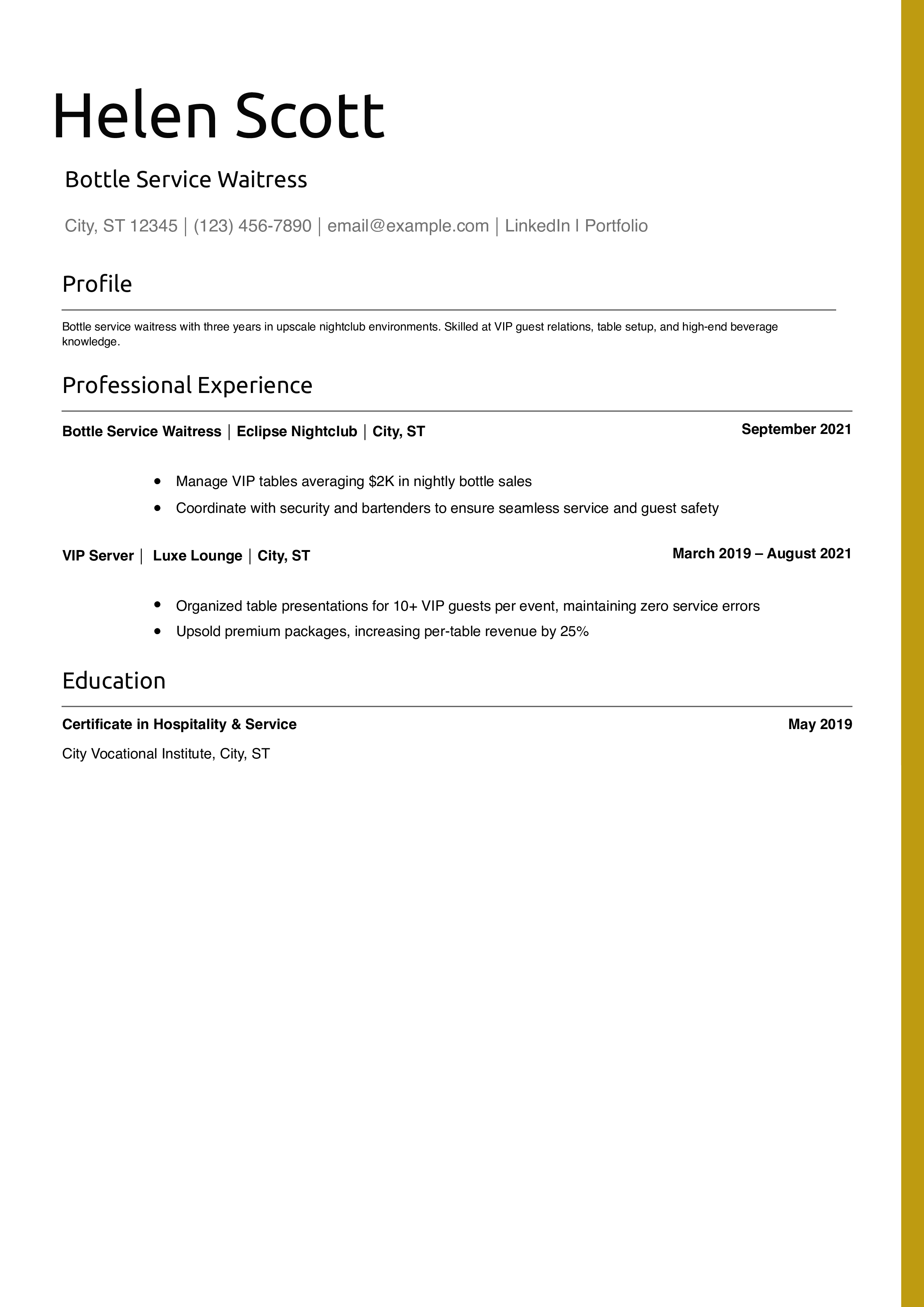 Bottle Service Waitress Resume Example