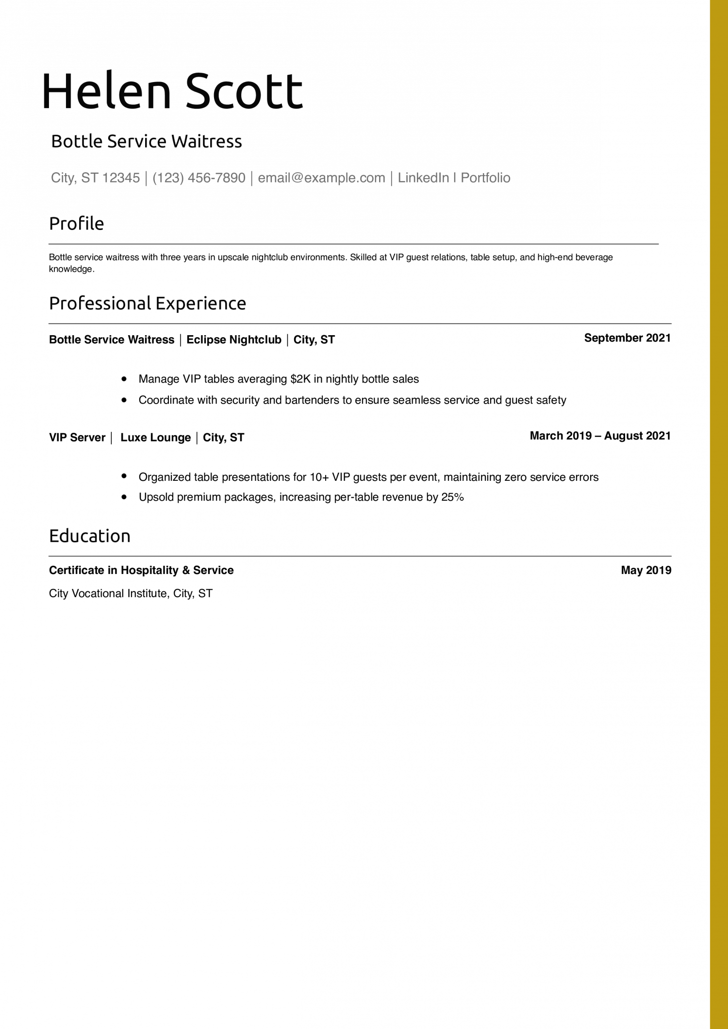 Bottle Service Waitress Resume Example