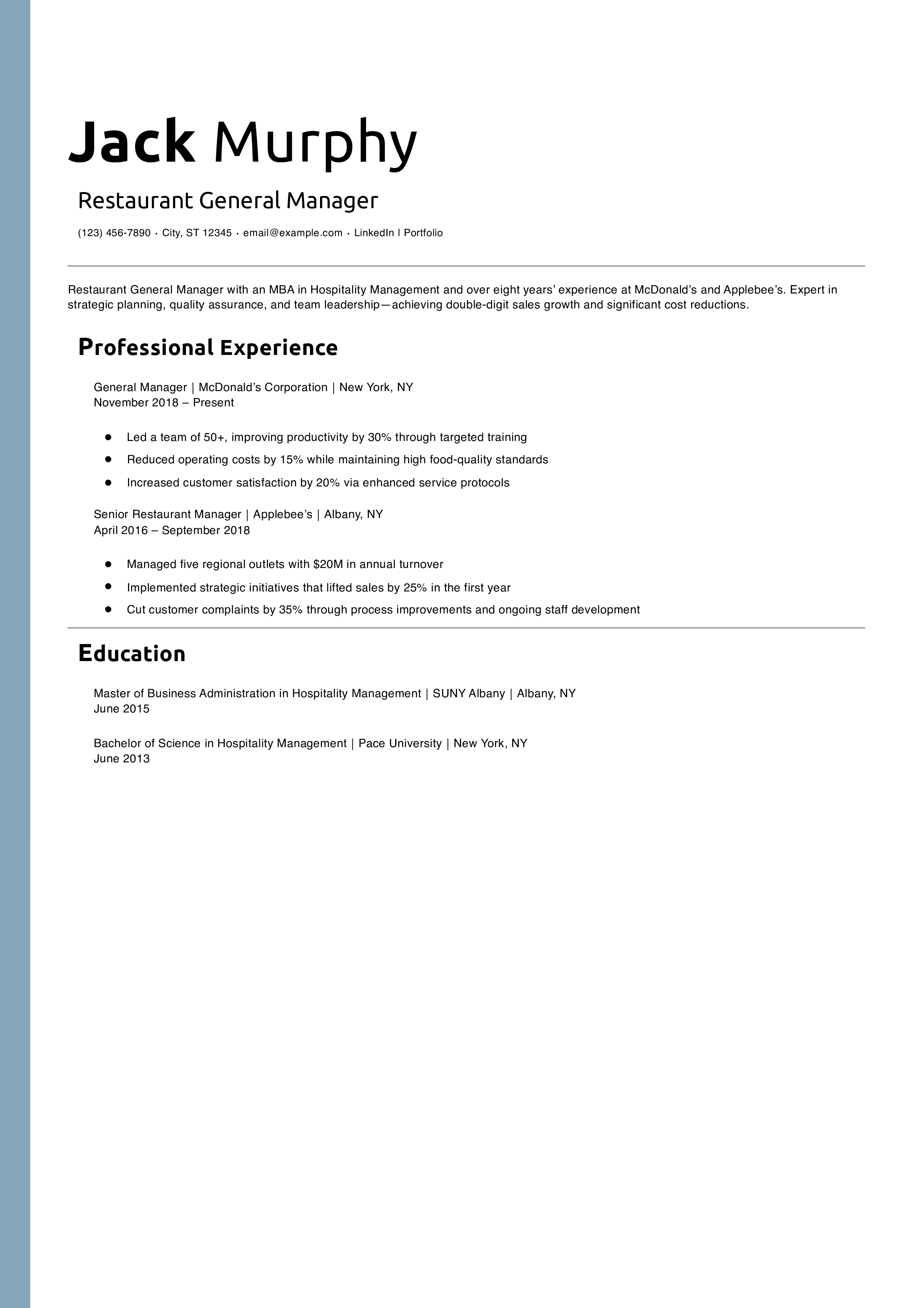Restaurant General Manager Resume Example