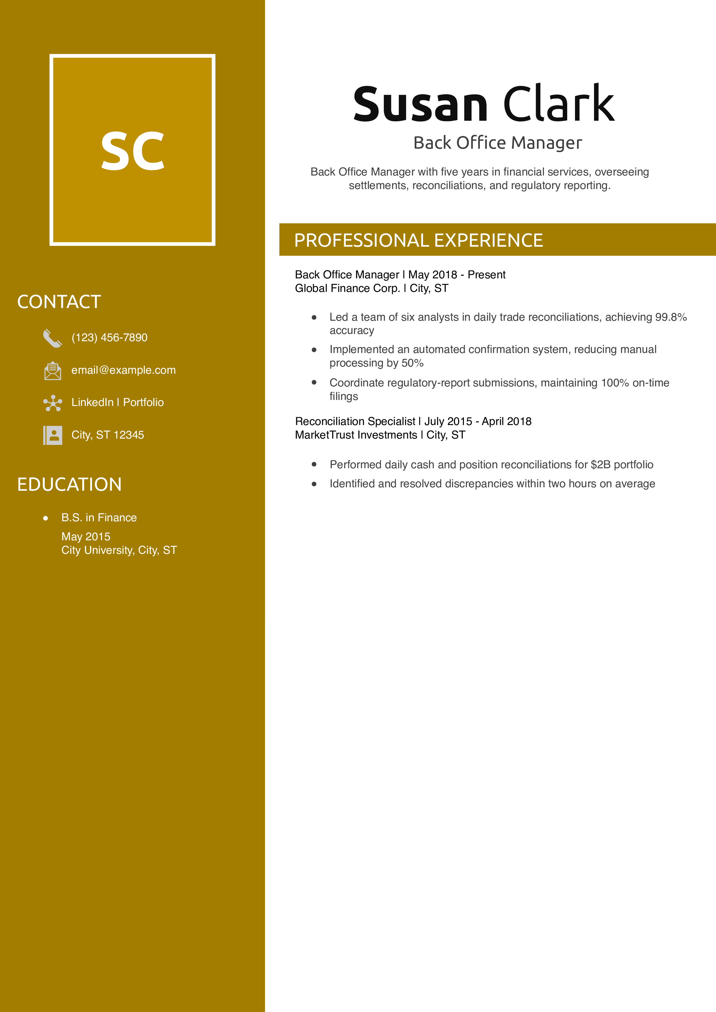 Back Office Manager Resume Example