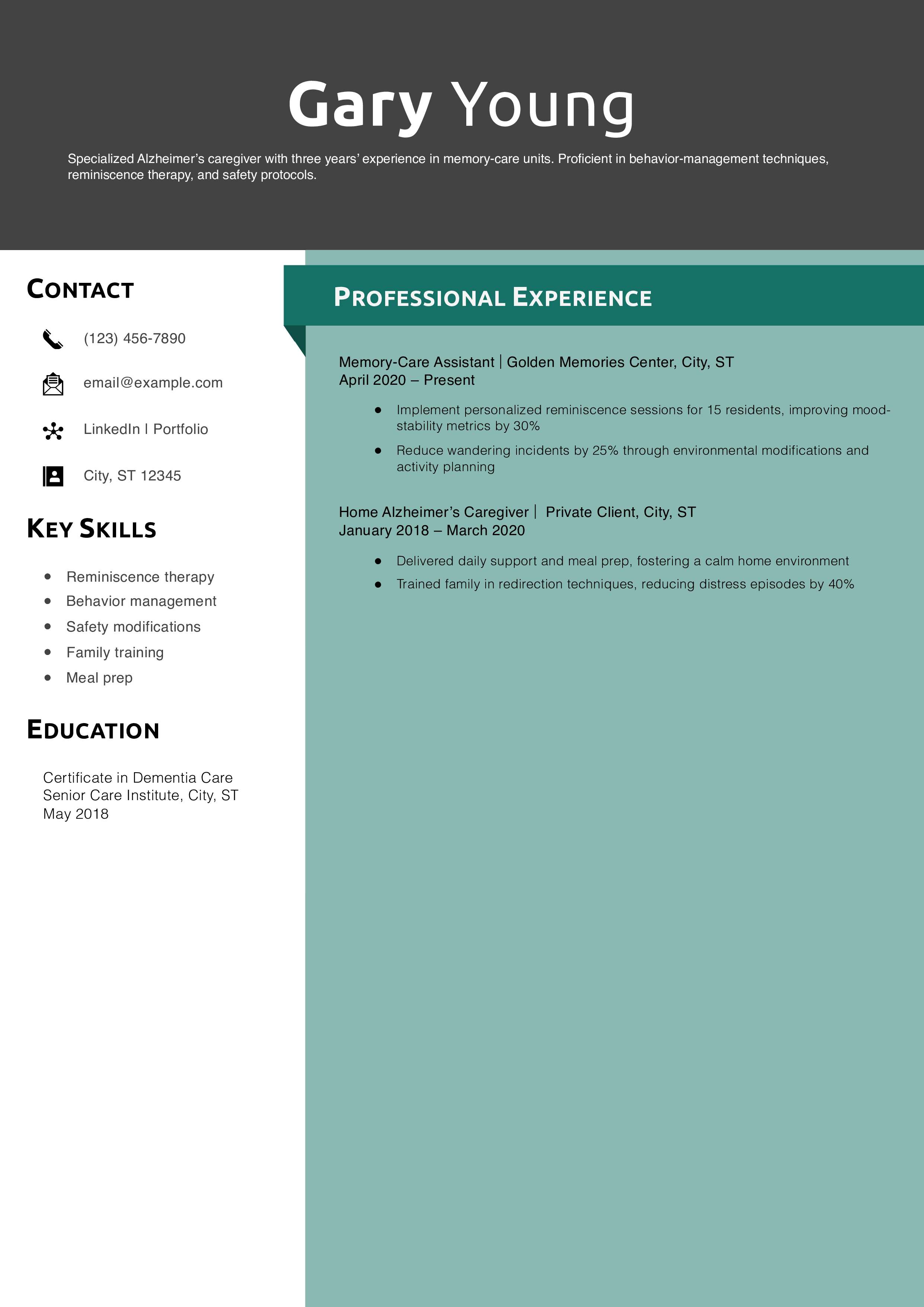 Alzheimer’s Caregiver Resume Example
