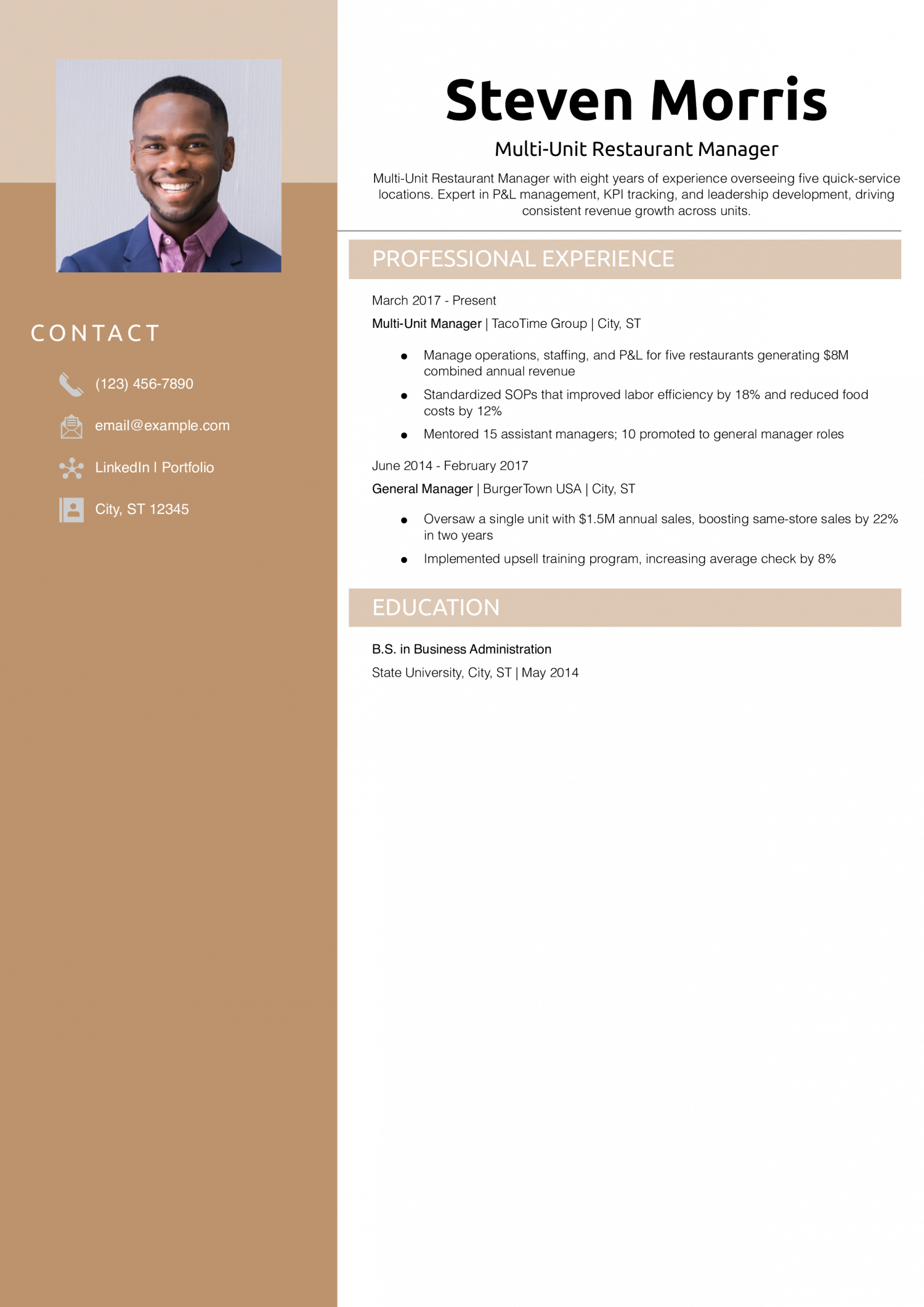 Multi-Unit Restaurant Manager Resume Example