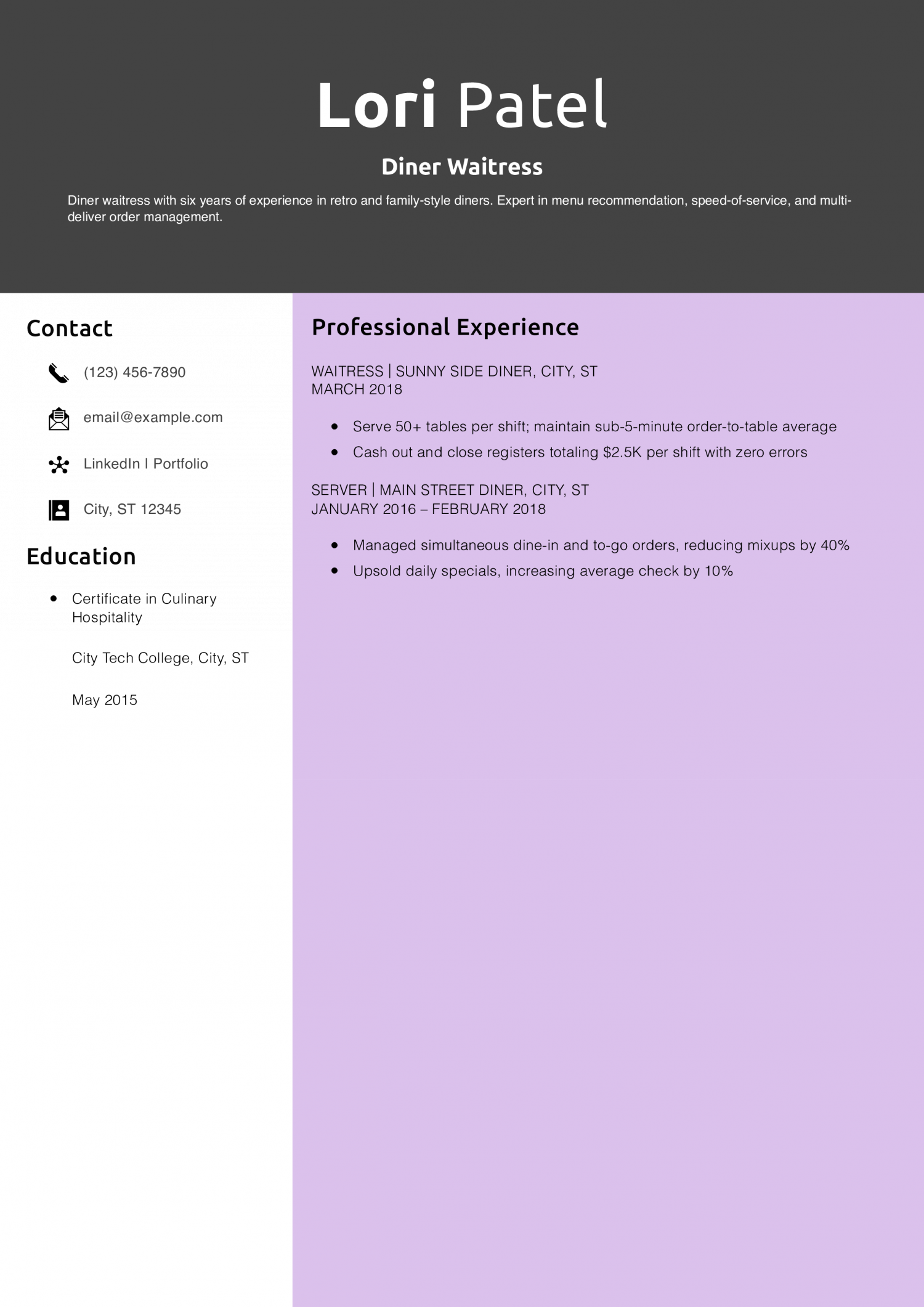 Diner Waitress Resume Example