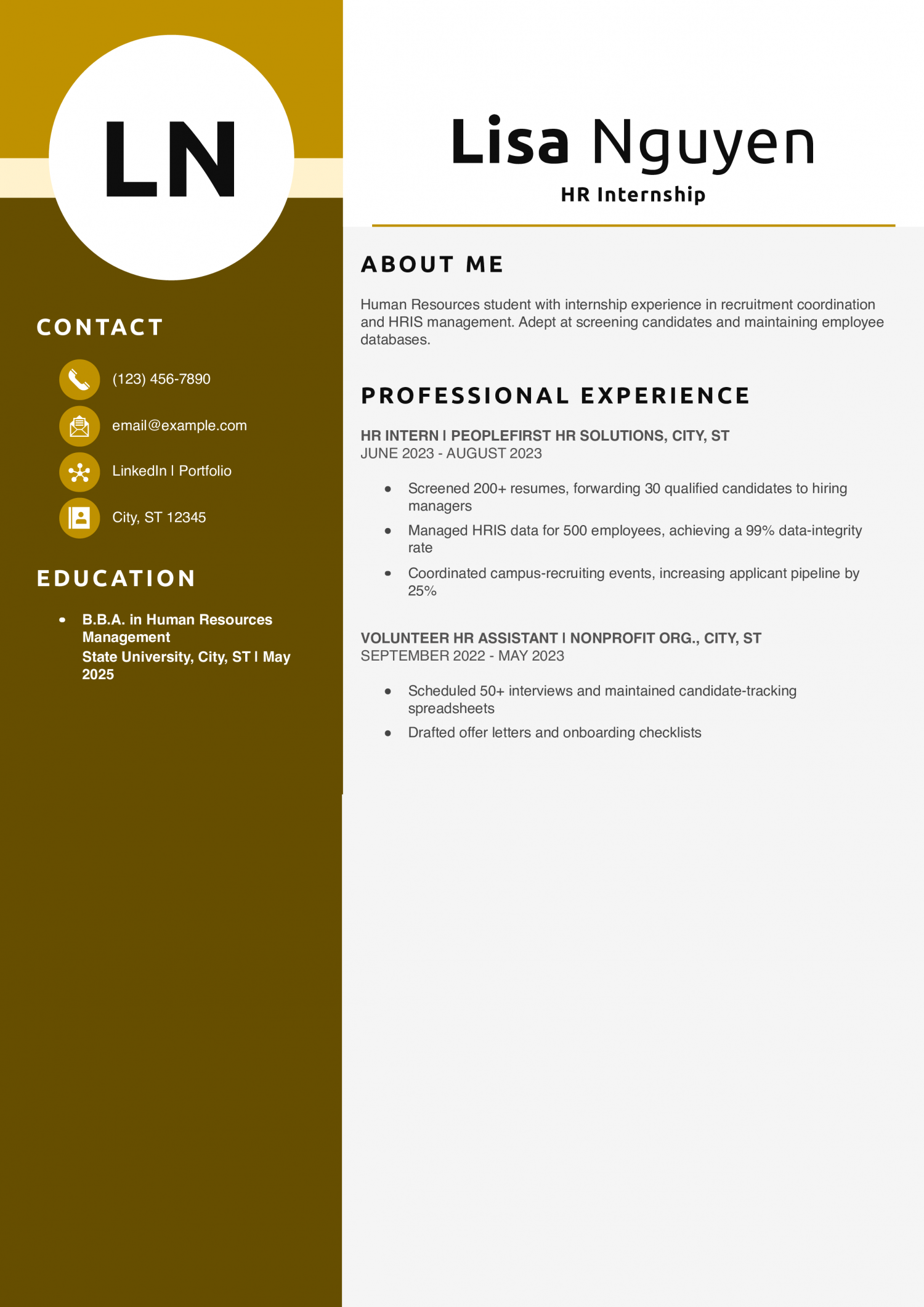 HR Internship Resume Example