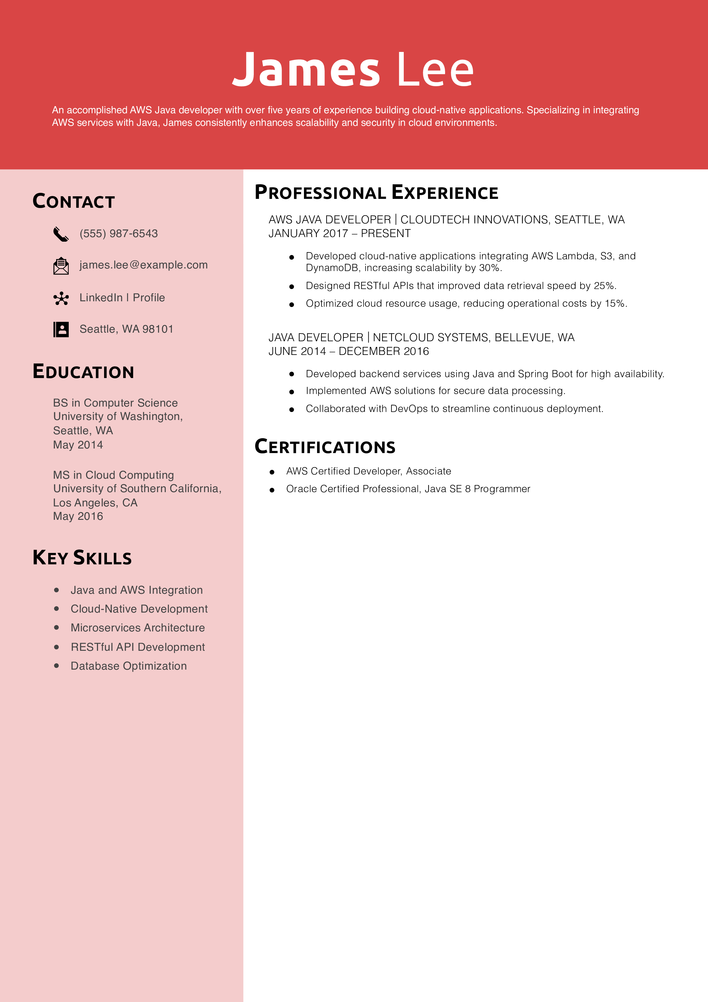 AWS Java Developer Resume Example