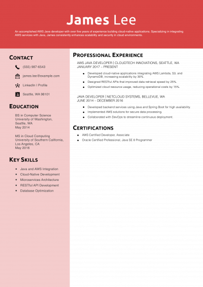 AWS Java Developer Resume Example