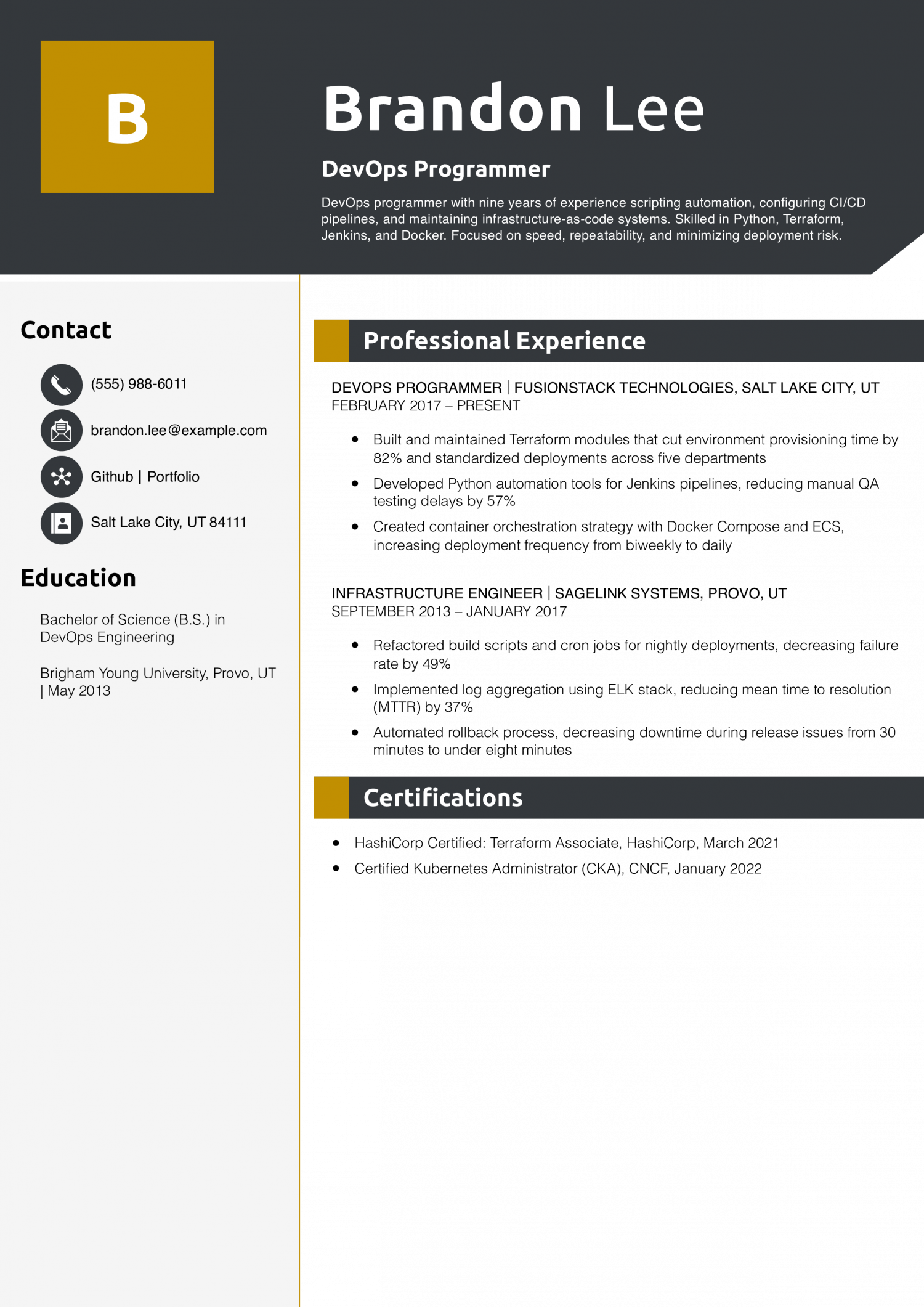 DevOps Programmer Resume Example