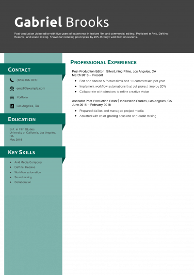 Post-Production Video Editor Resume Example