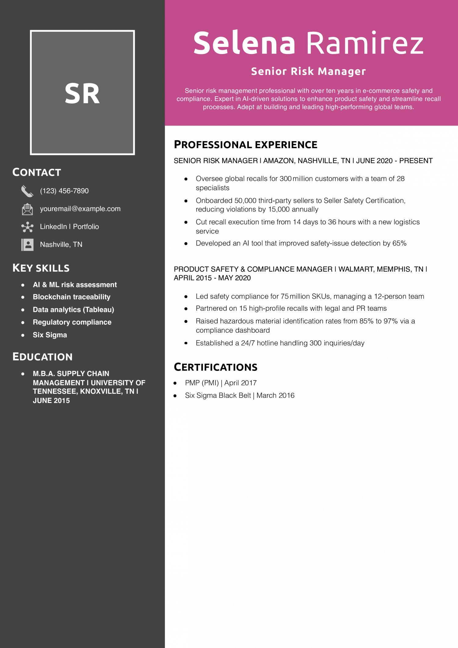 Senior Risk Manager Resume Example