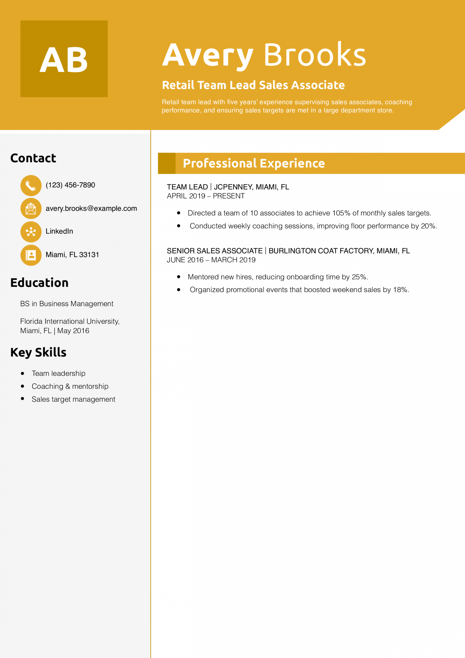 Retail Team Lead Sales Associate Resume Example