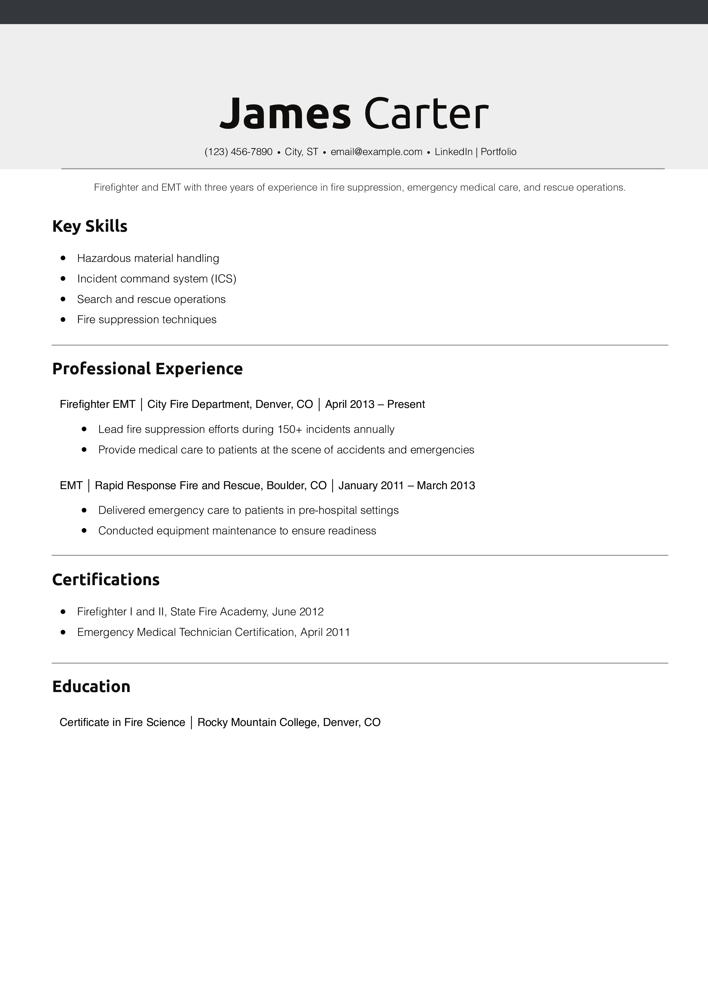 Firefighter EMT Resume Example
