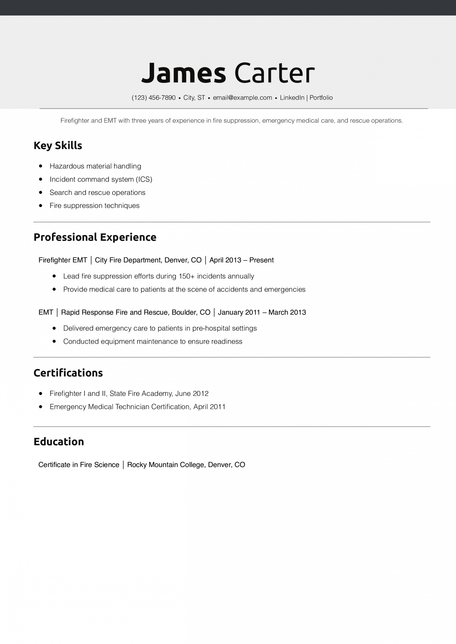 Firefighter EMT Resume Example