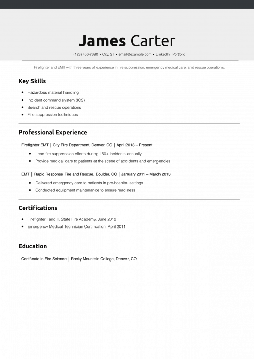 Firefighter EMT Resume Example
