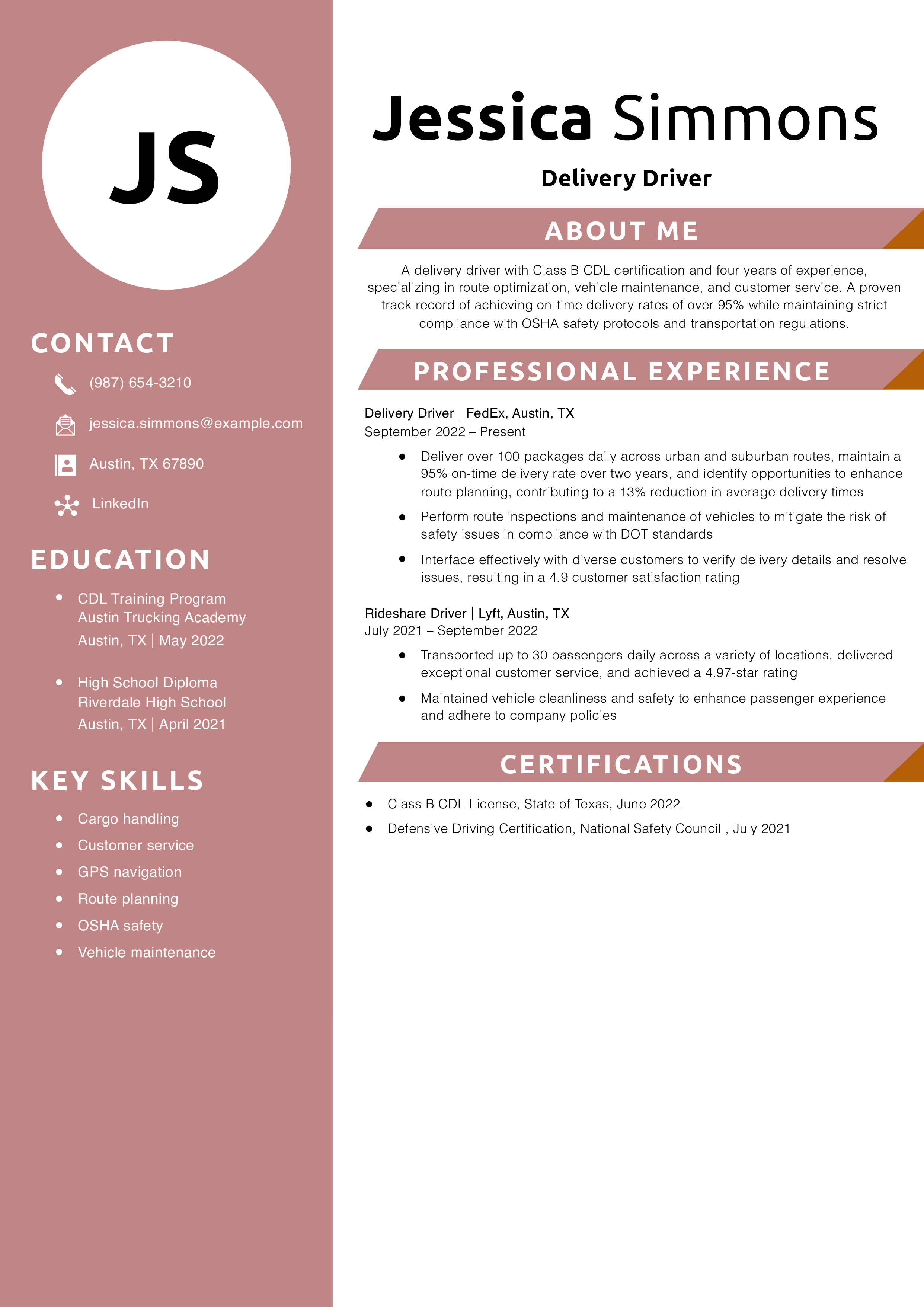Delivery Driver Resume Example