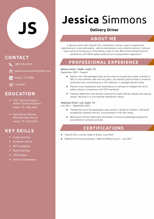 Delivery Driver Resume Example