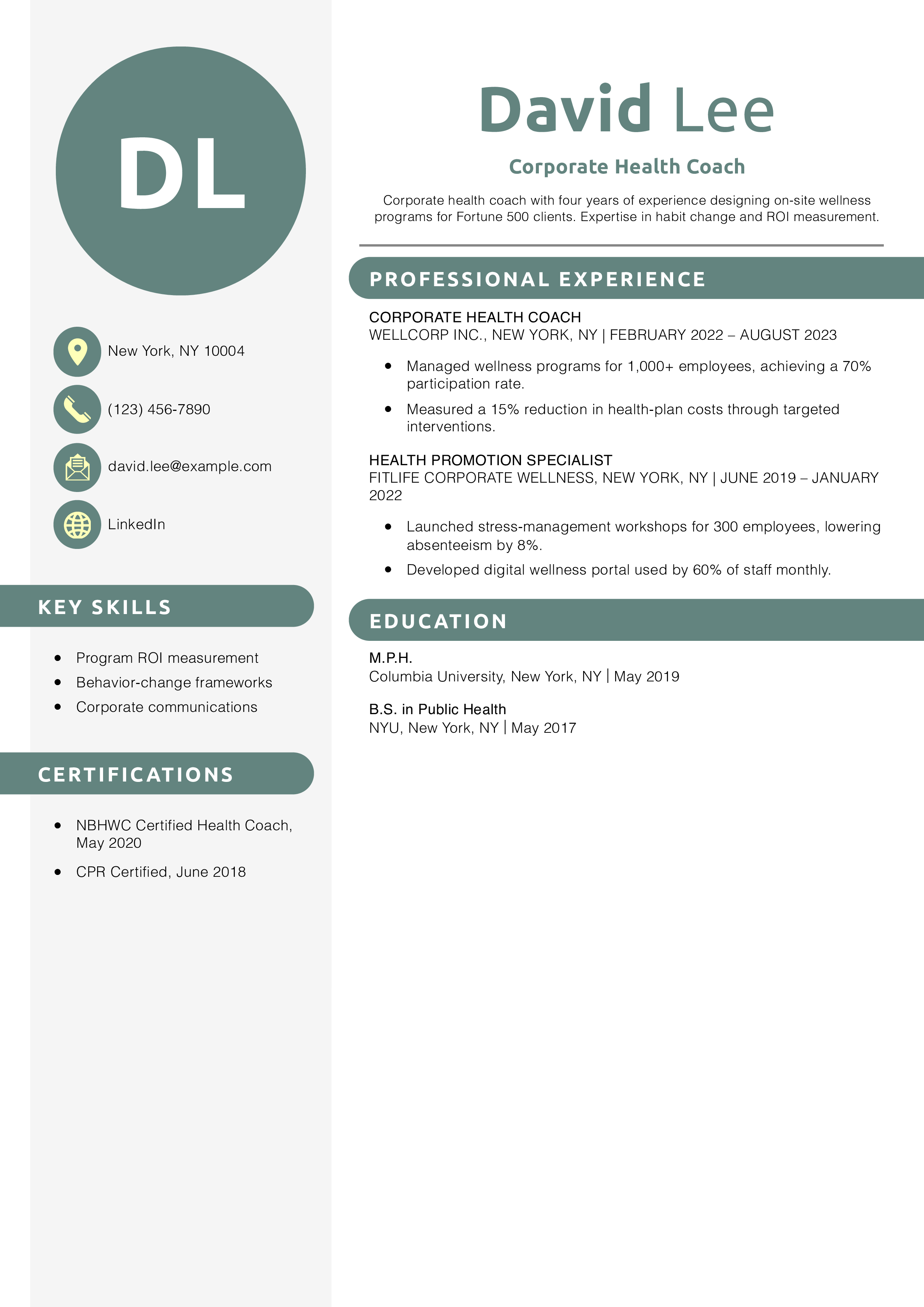 Corporate Health Coach Resume Example