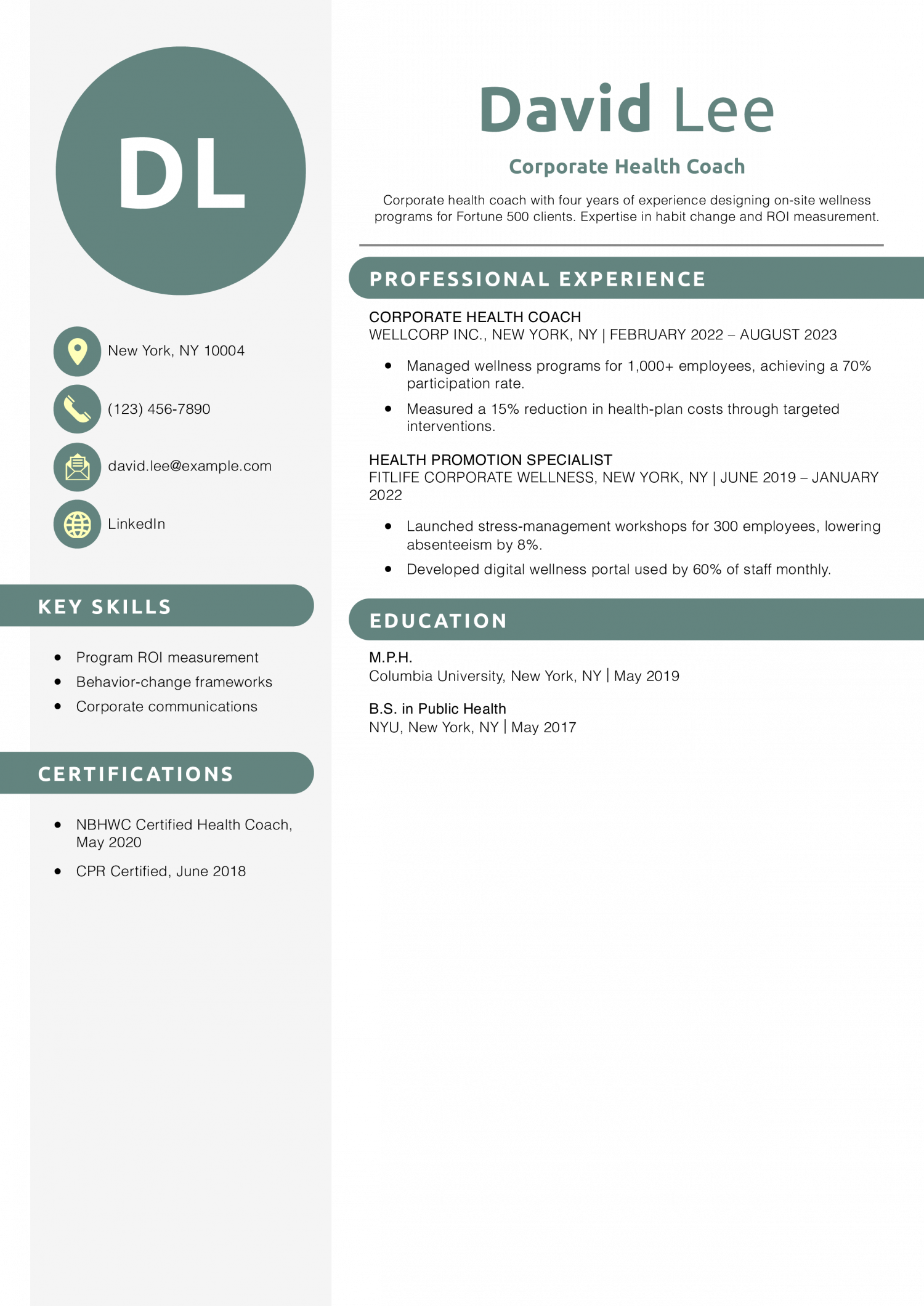 Corporate Health Coach Resume Example
