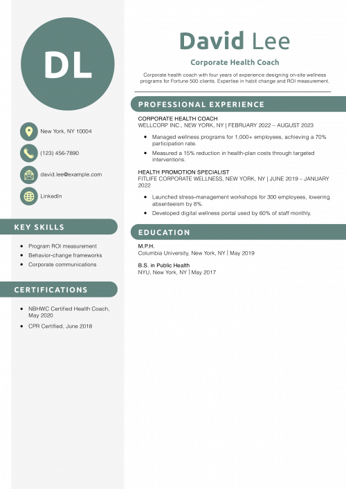 Corporate Health Coach Resume Example