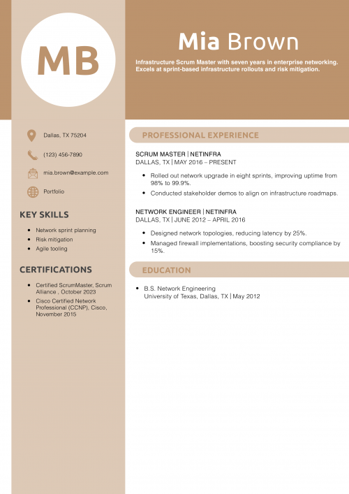 Infrastructure Scrum Master Resume Example