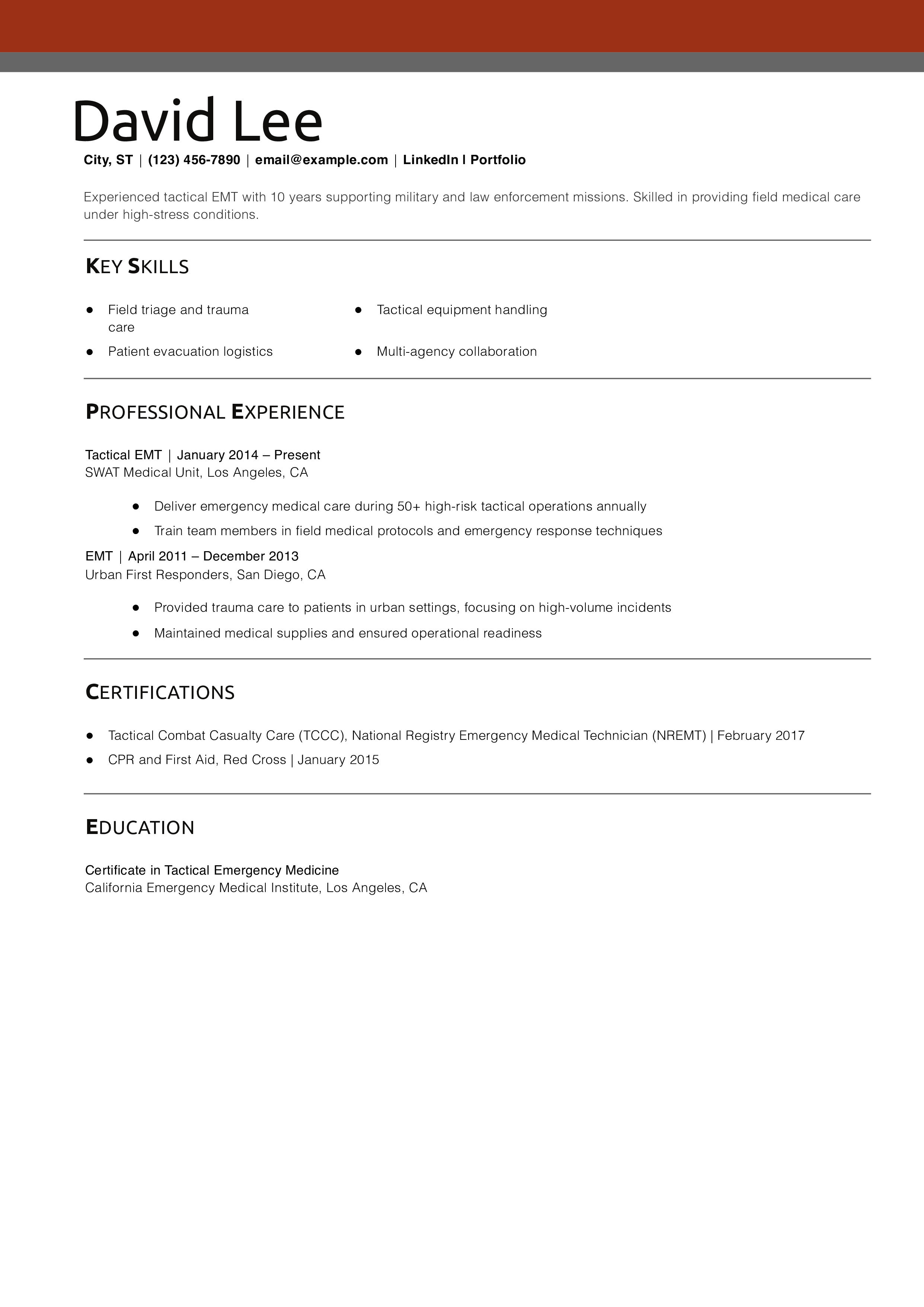 Tactical EMT Resume Example