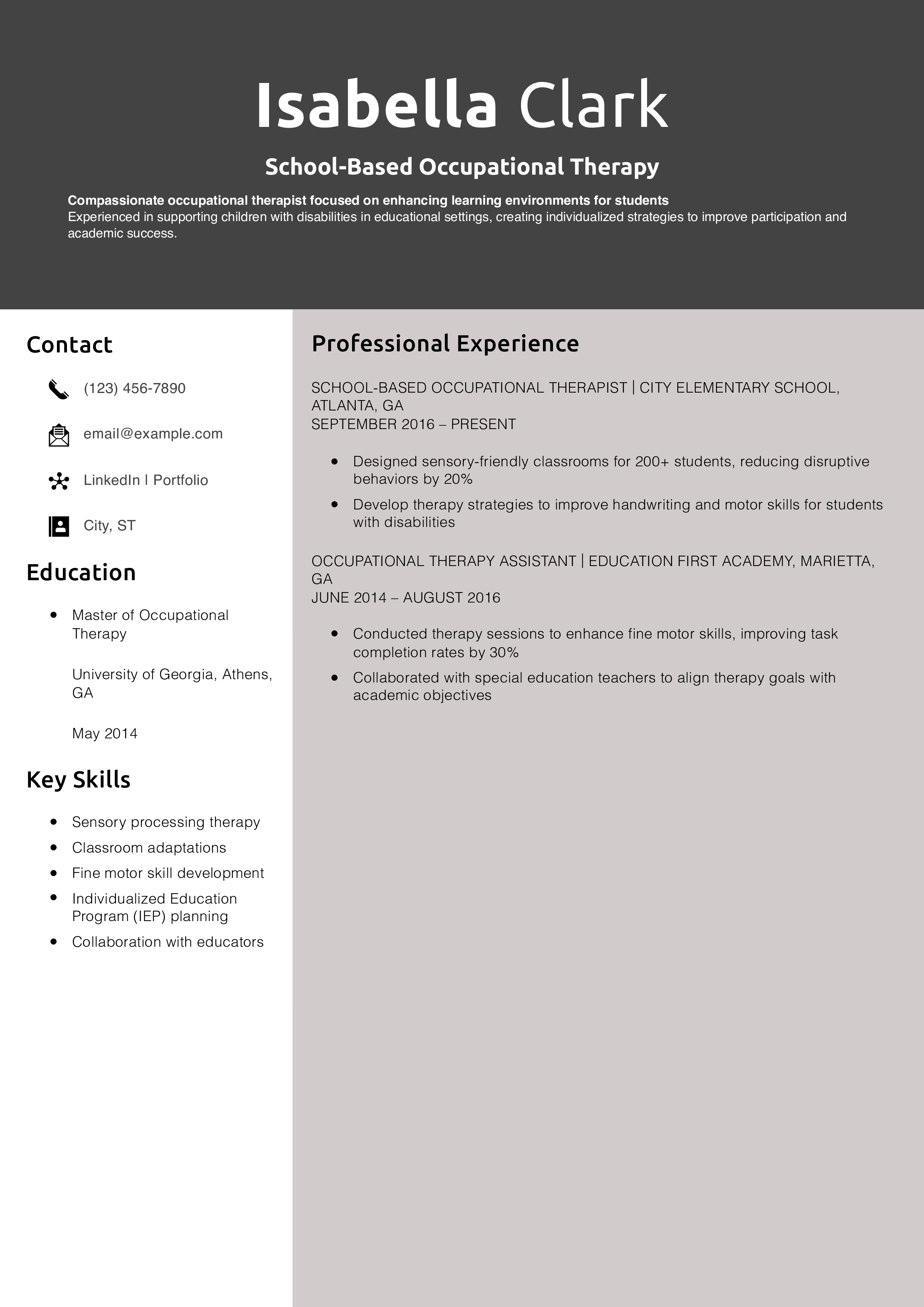 School-Based Occupational Therapy Resume