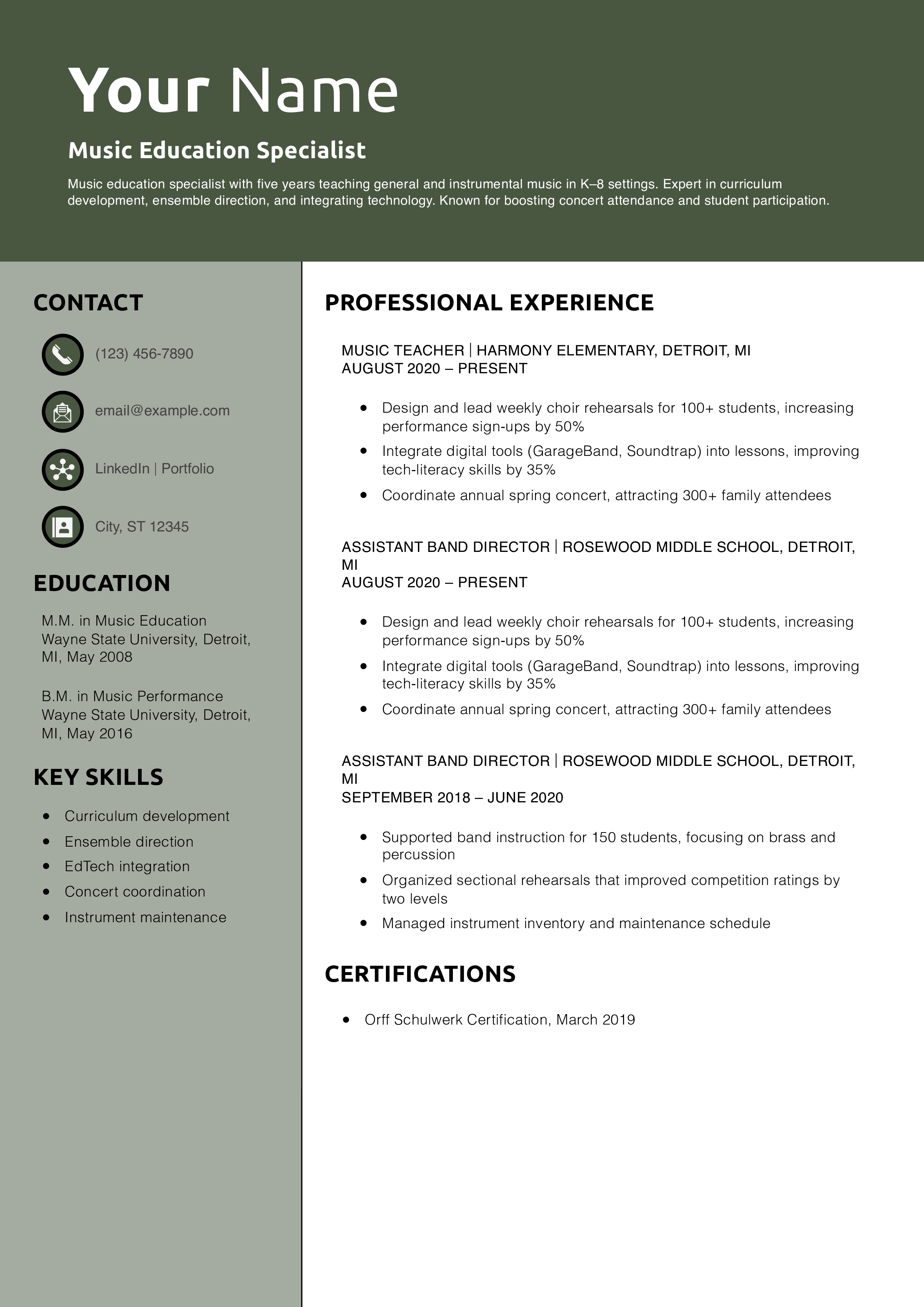 Music Education Specialist Resume Example