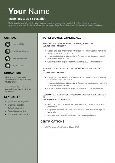 Music Education Specialist Resume Example