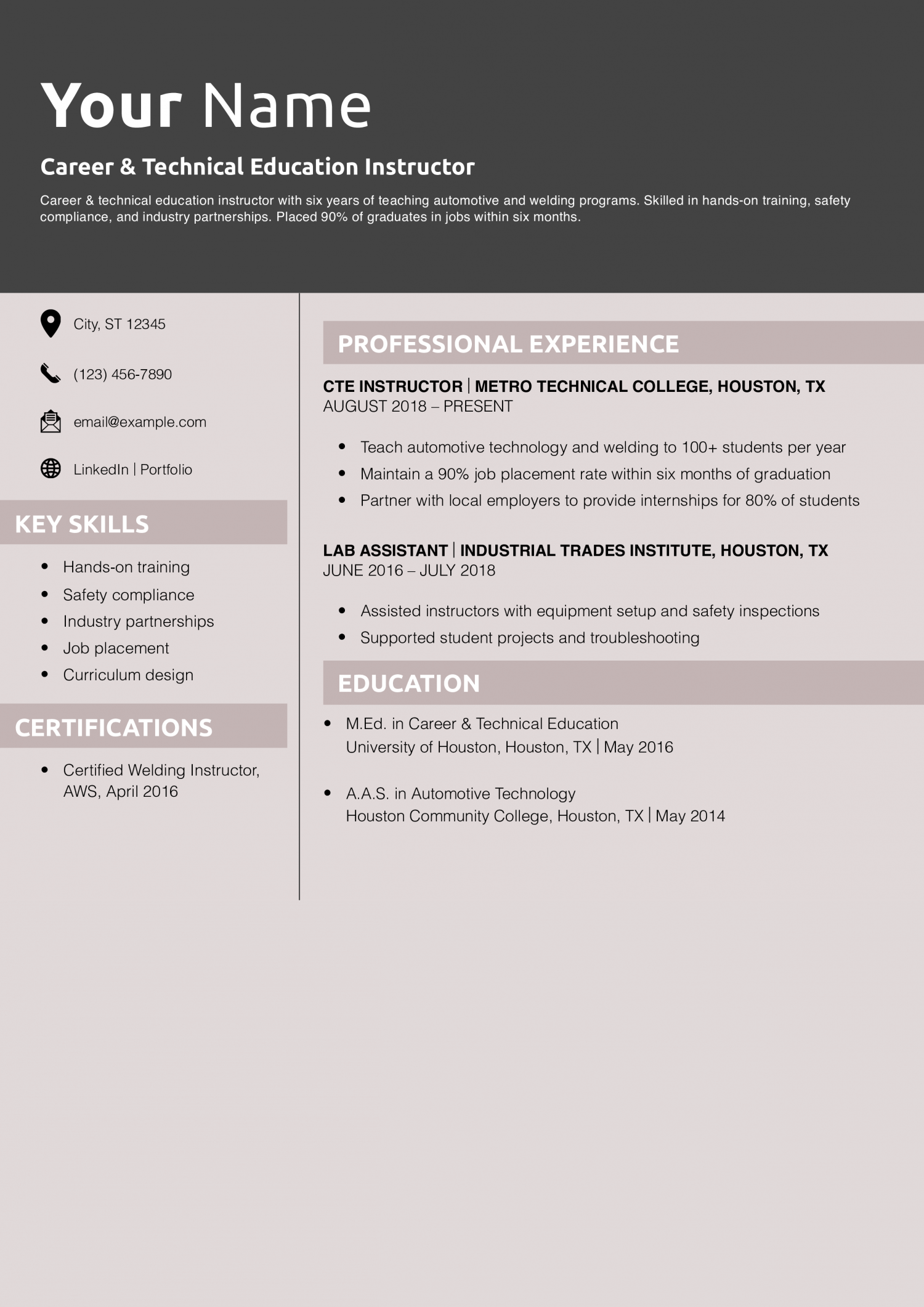 Career & Technical Education Instructor Resume Example