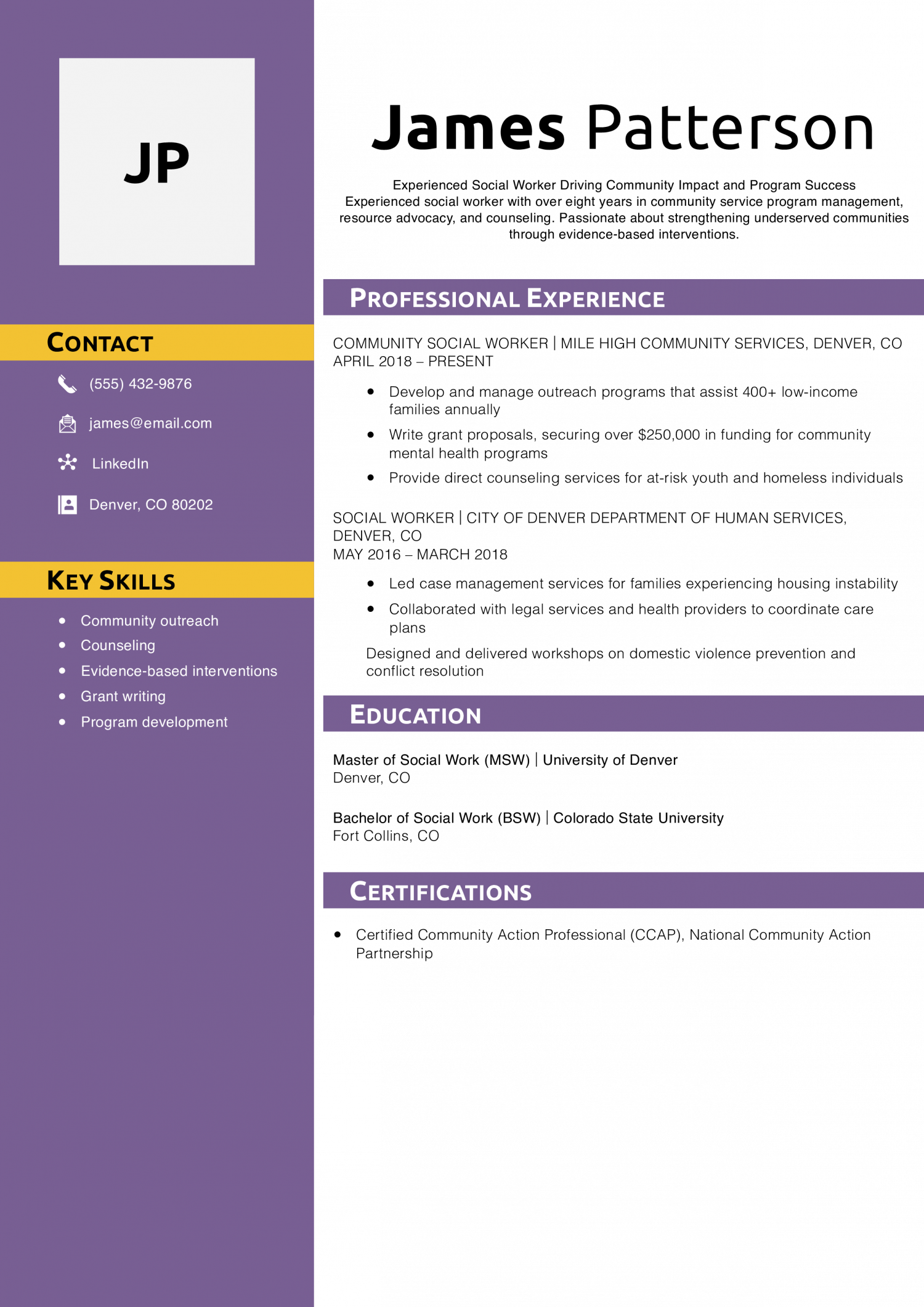 Experienced Social Worker Resume Example