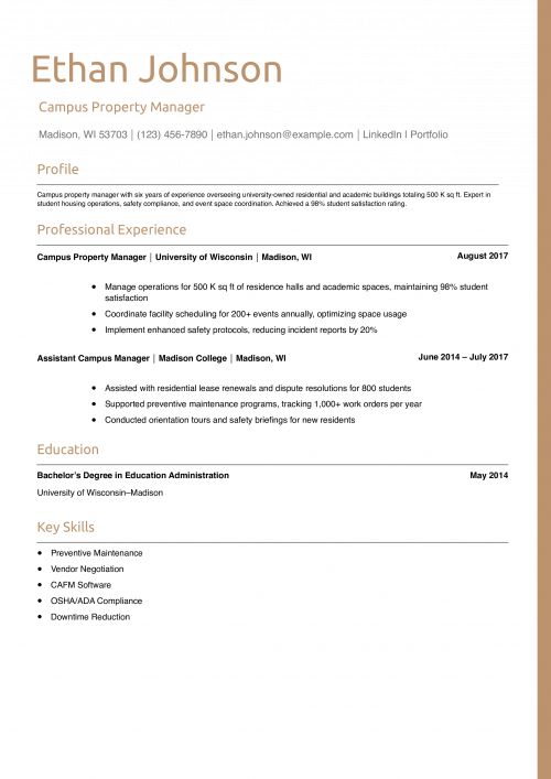 Campus Property Manager Resume Example