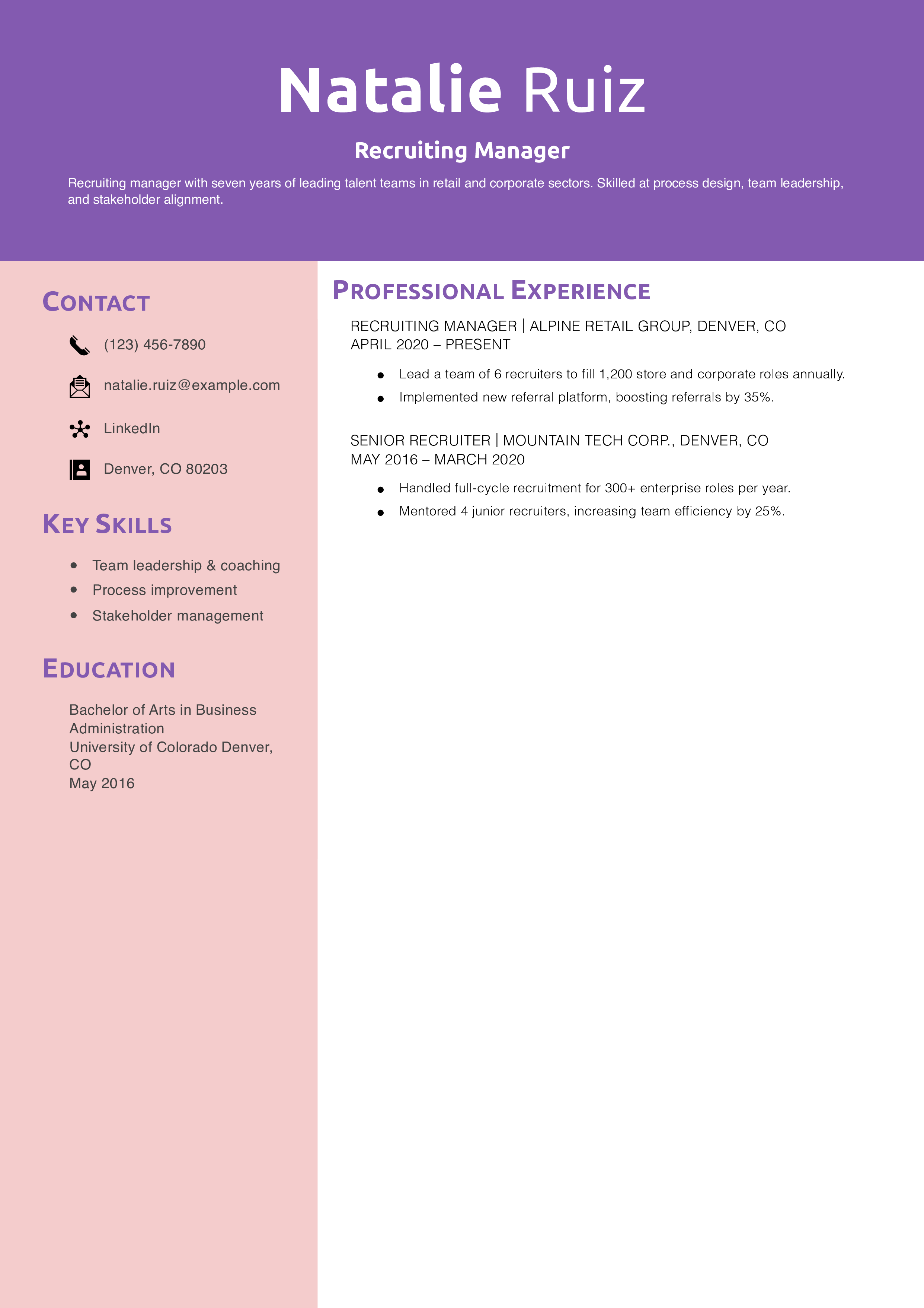Recruiting Manager Resume Example