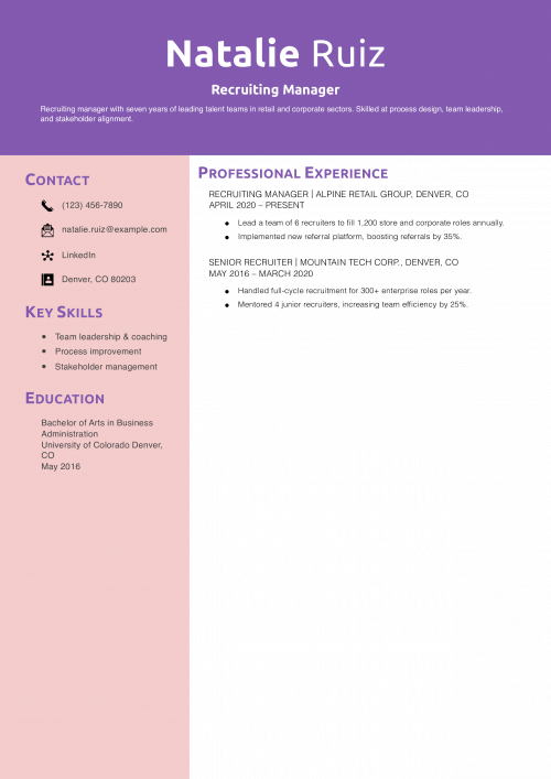 Recruiting Manager Resume Example