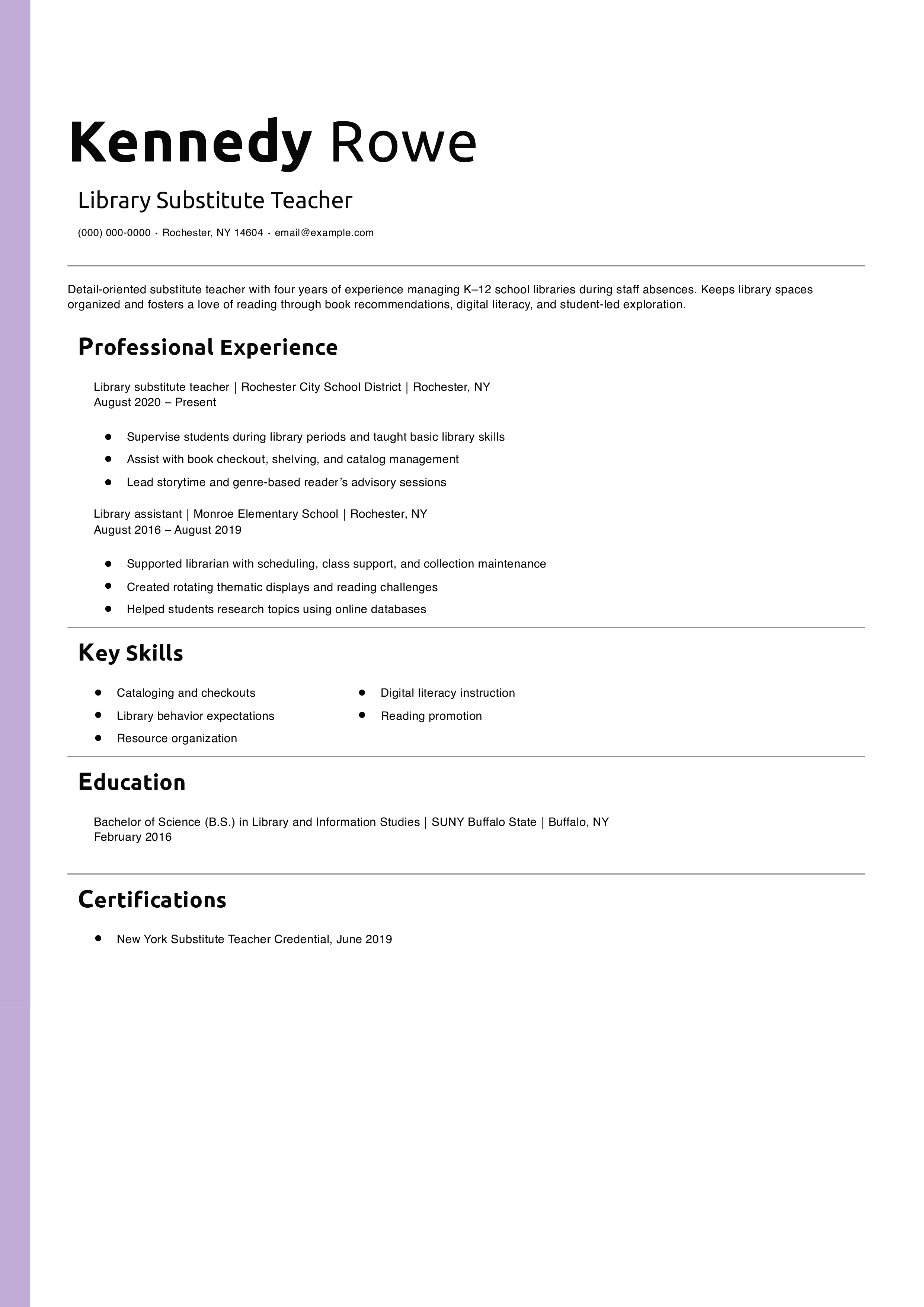 Library Substitute Teacher Resume Example
