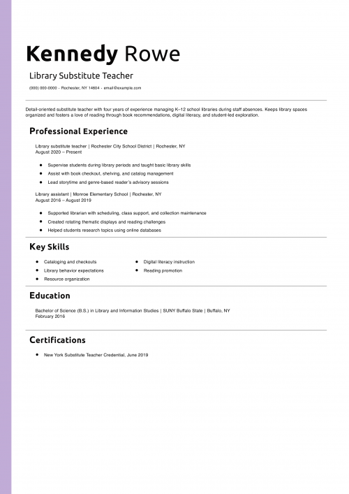 Library Substitute Teacher Resume Example