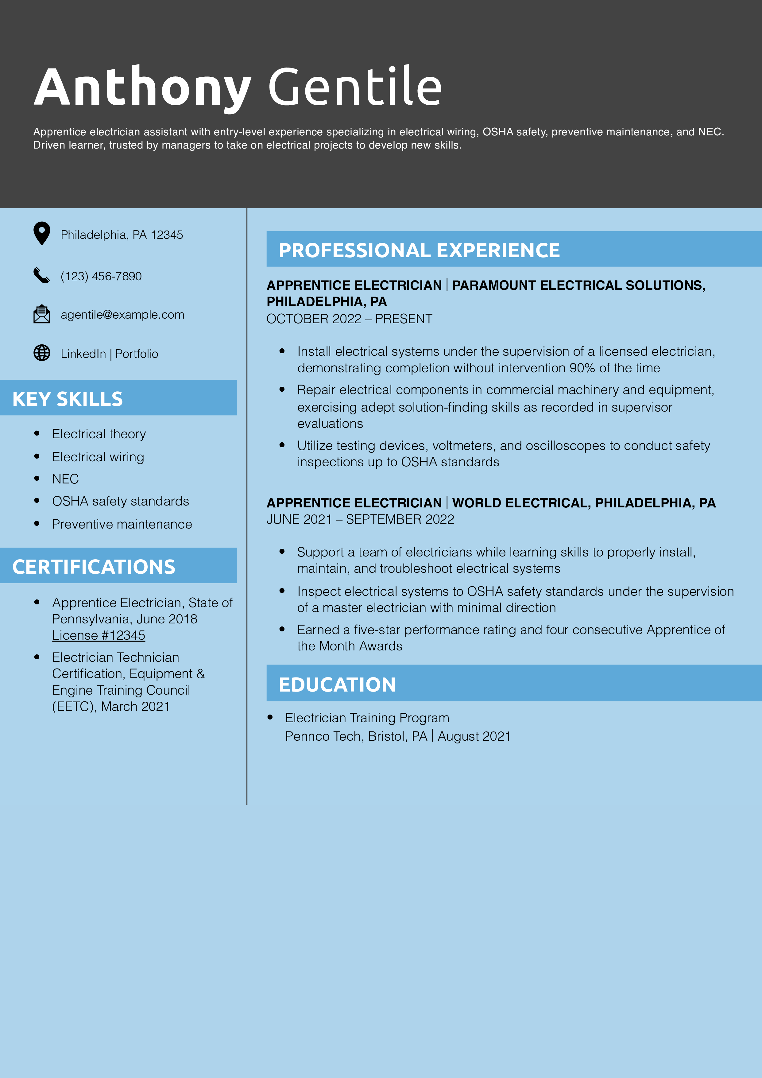 Entry-Level Electrician Resume Example