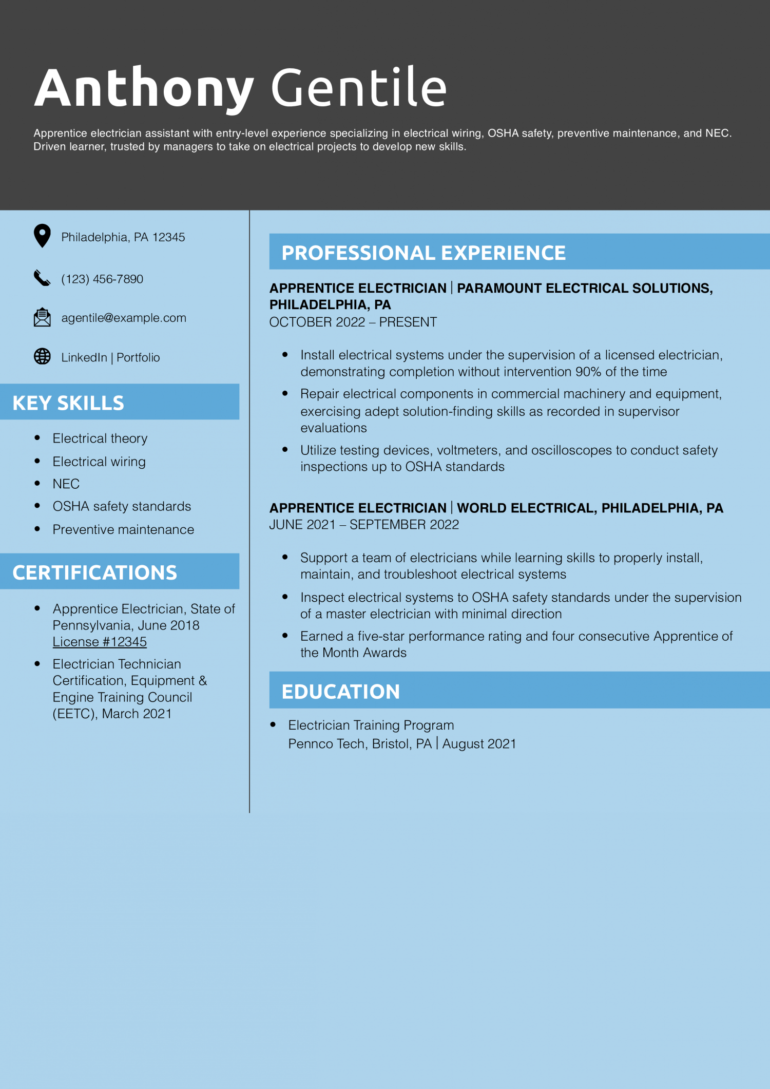 Entry-Level Electrician Resume Example