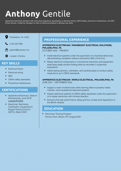 Entry-Level Electrician Resume Example