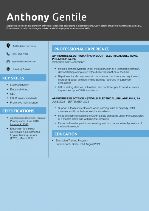 Entry-Level Electrician Resume Example