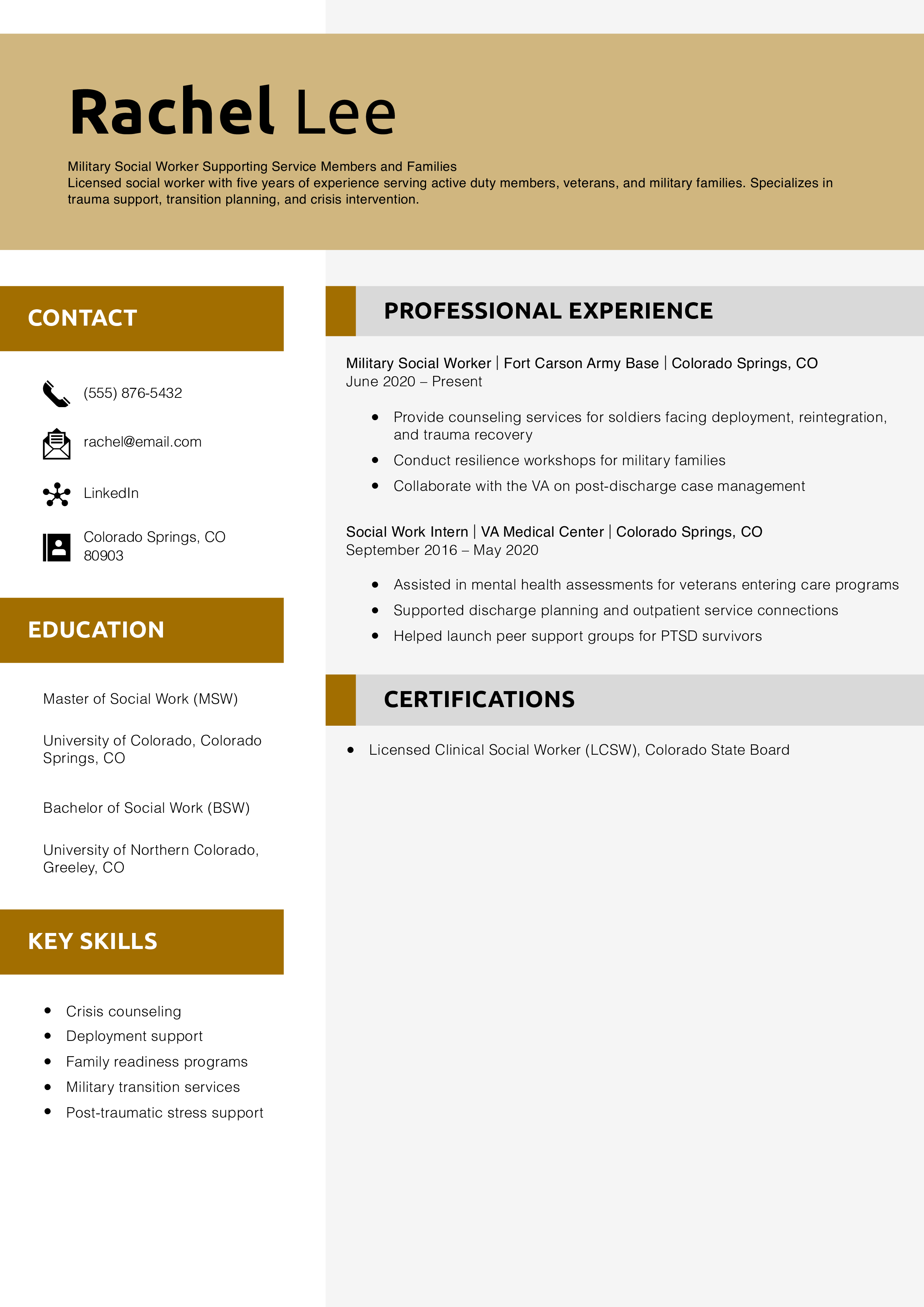 Military Social Worker Resume Example