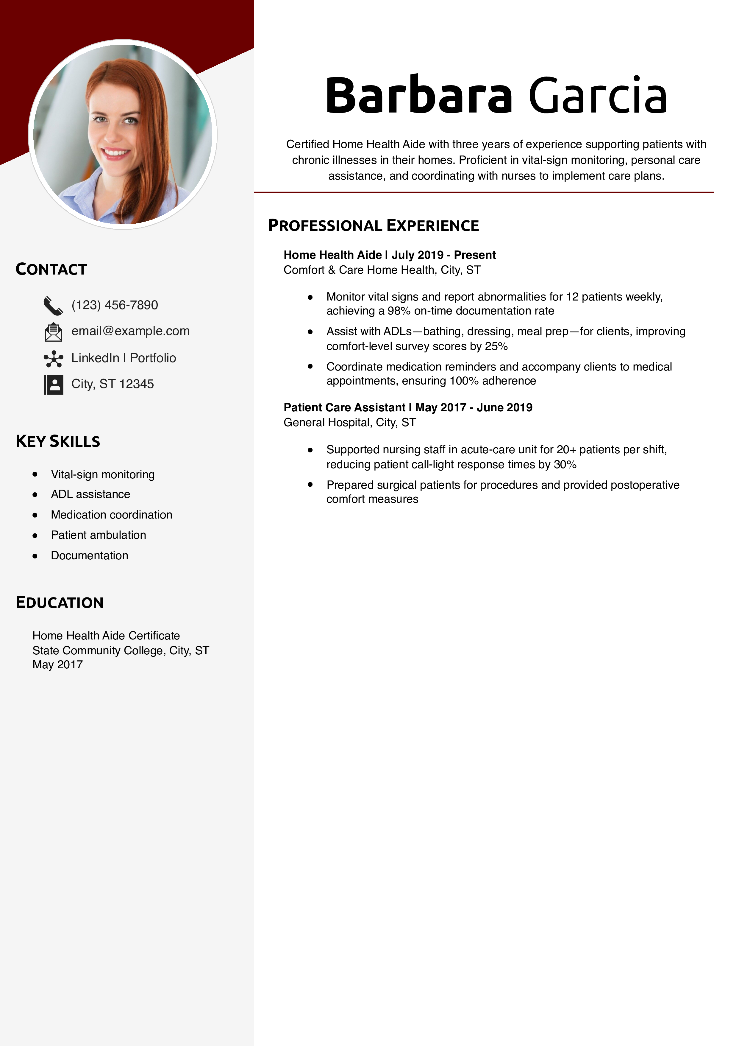 Home Health Aide Resume Example