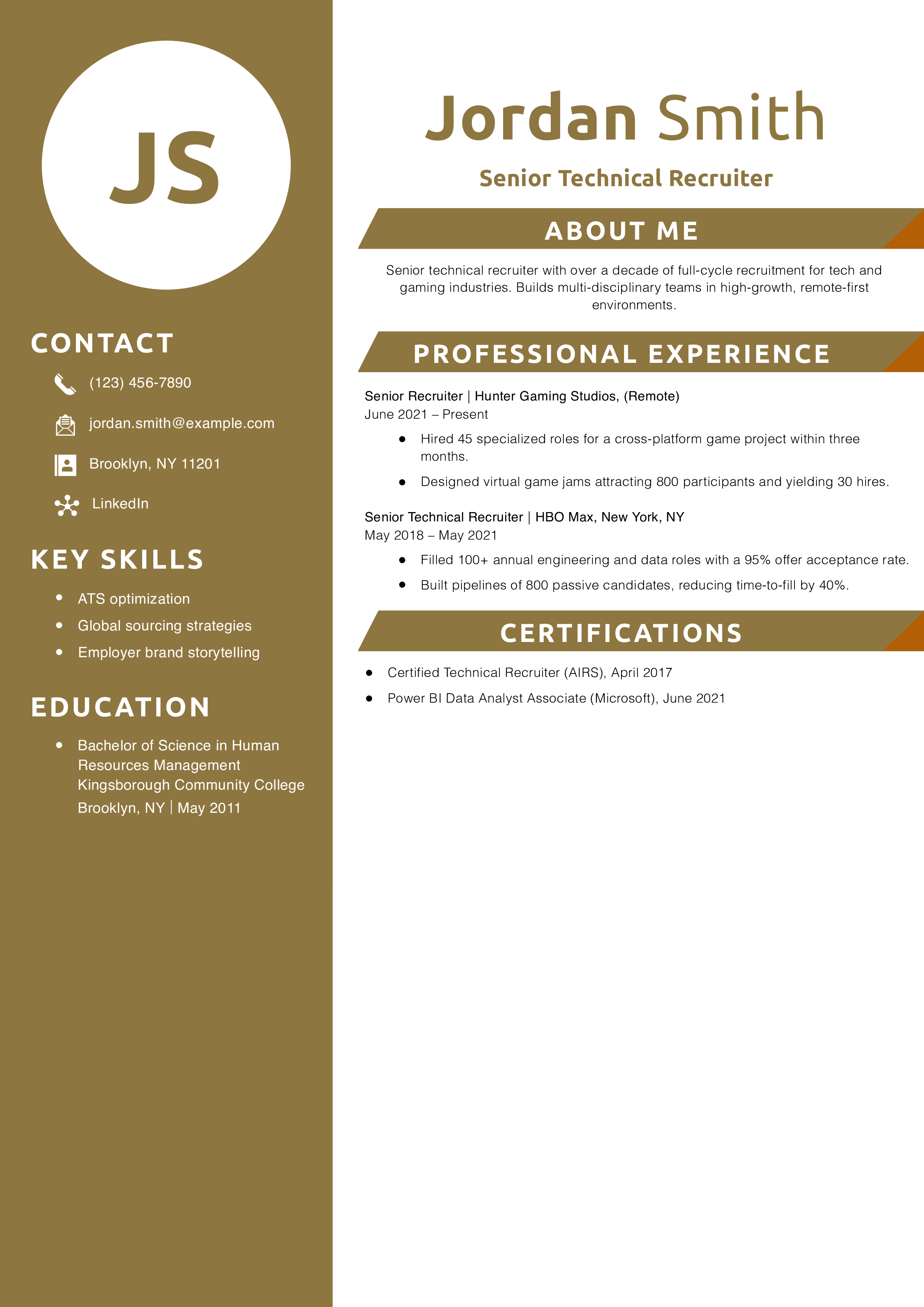 Senior Technical Recruiter Resume Example