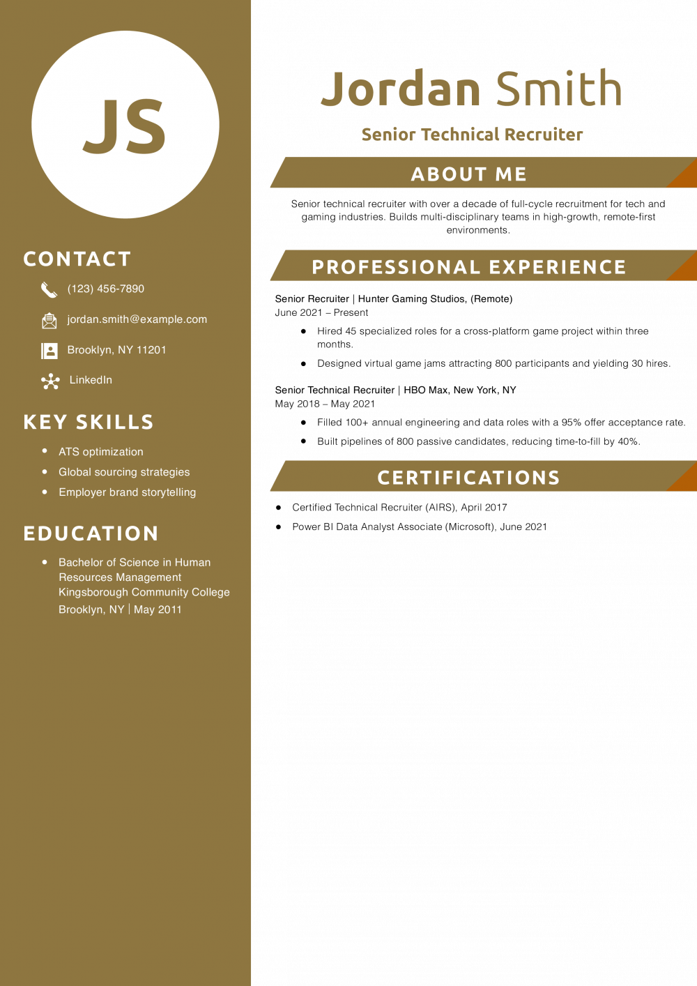 Senior Technical Recruiter Resume Example