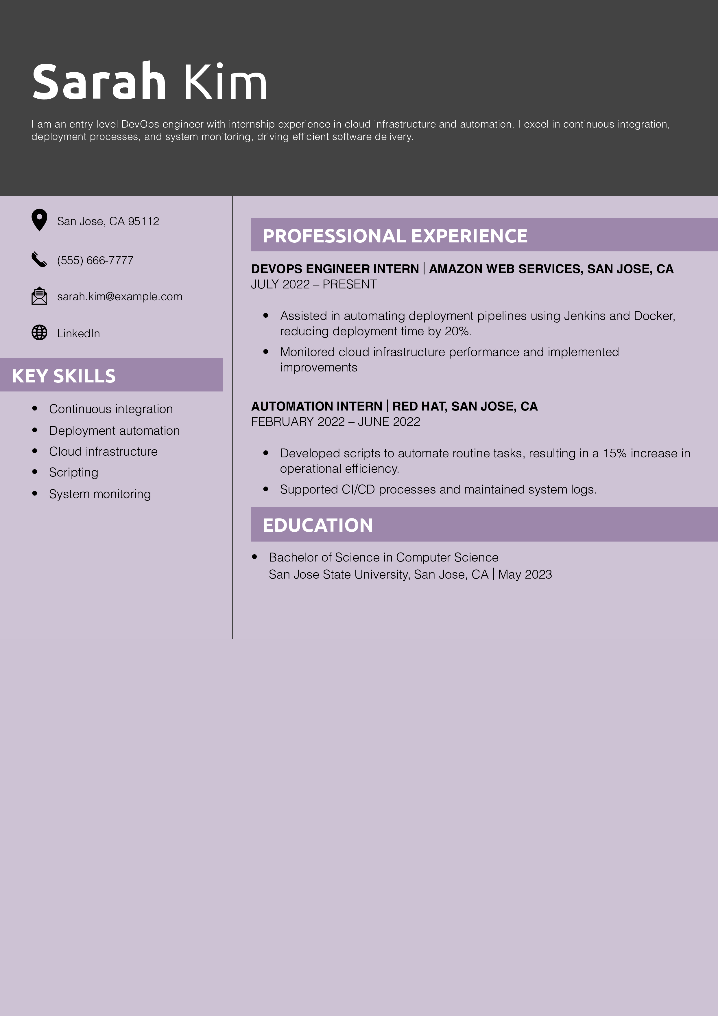 Entry-Level DevOps Engineer Resume Example