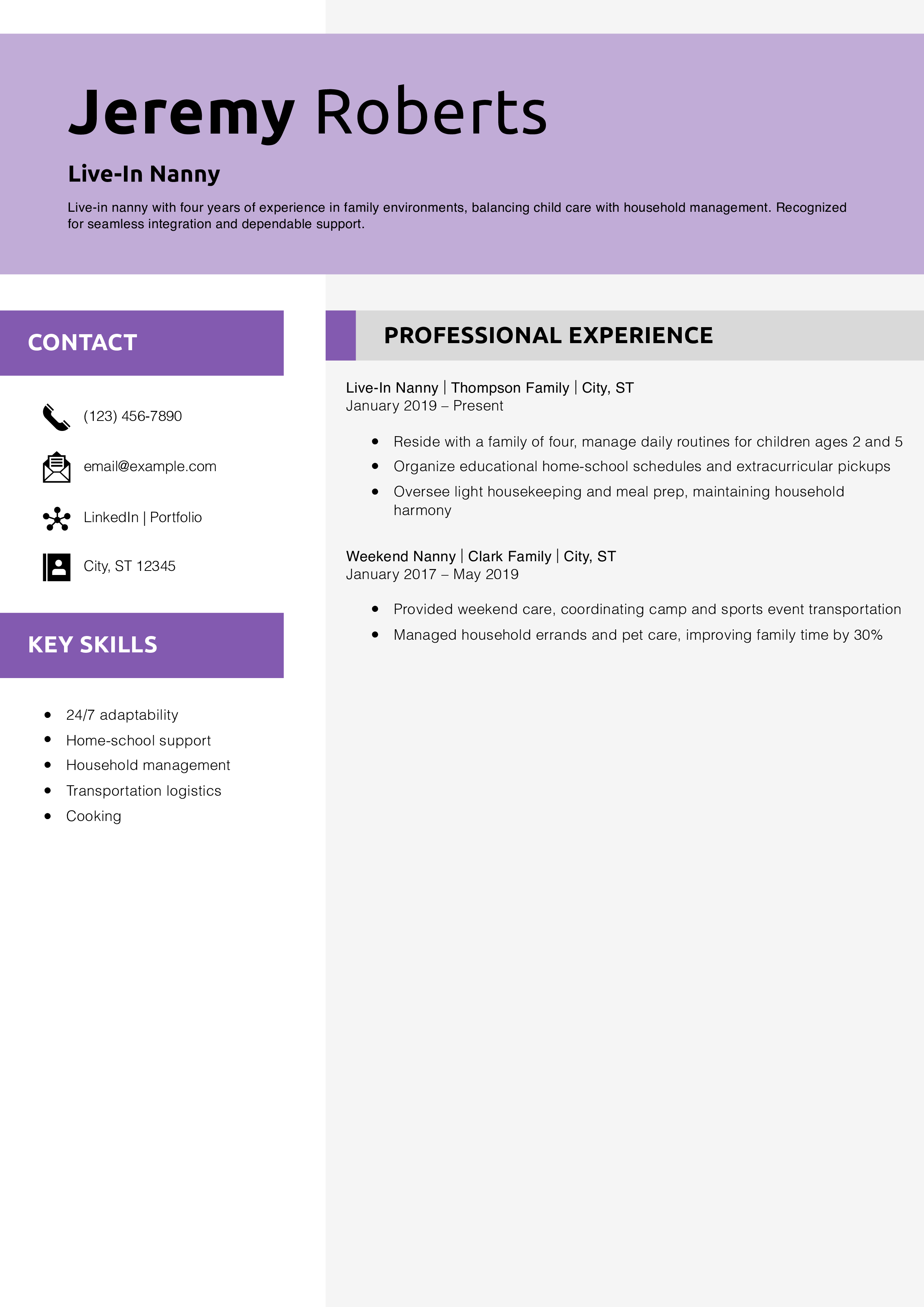 Live-In Nanny Resume Example