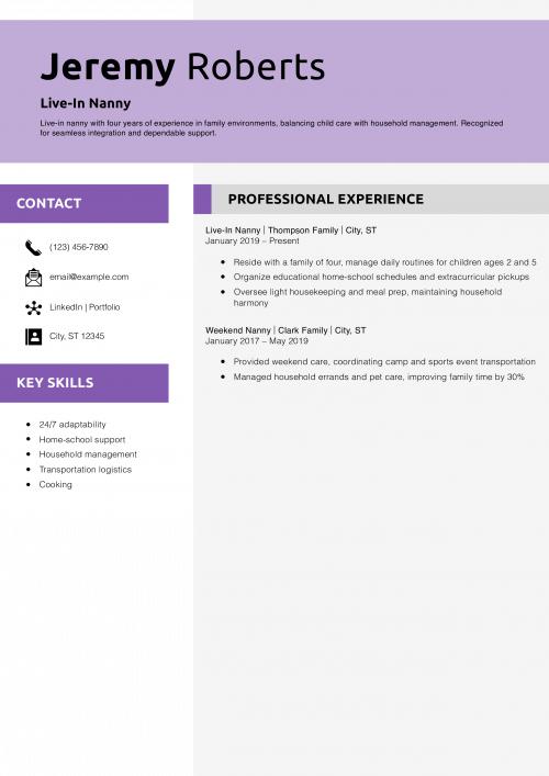 Live-In Nanny Resume Example