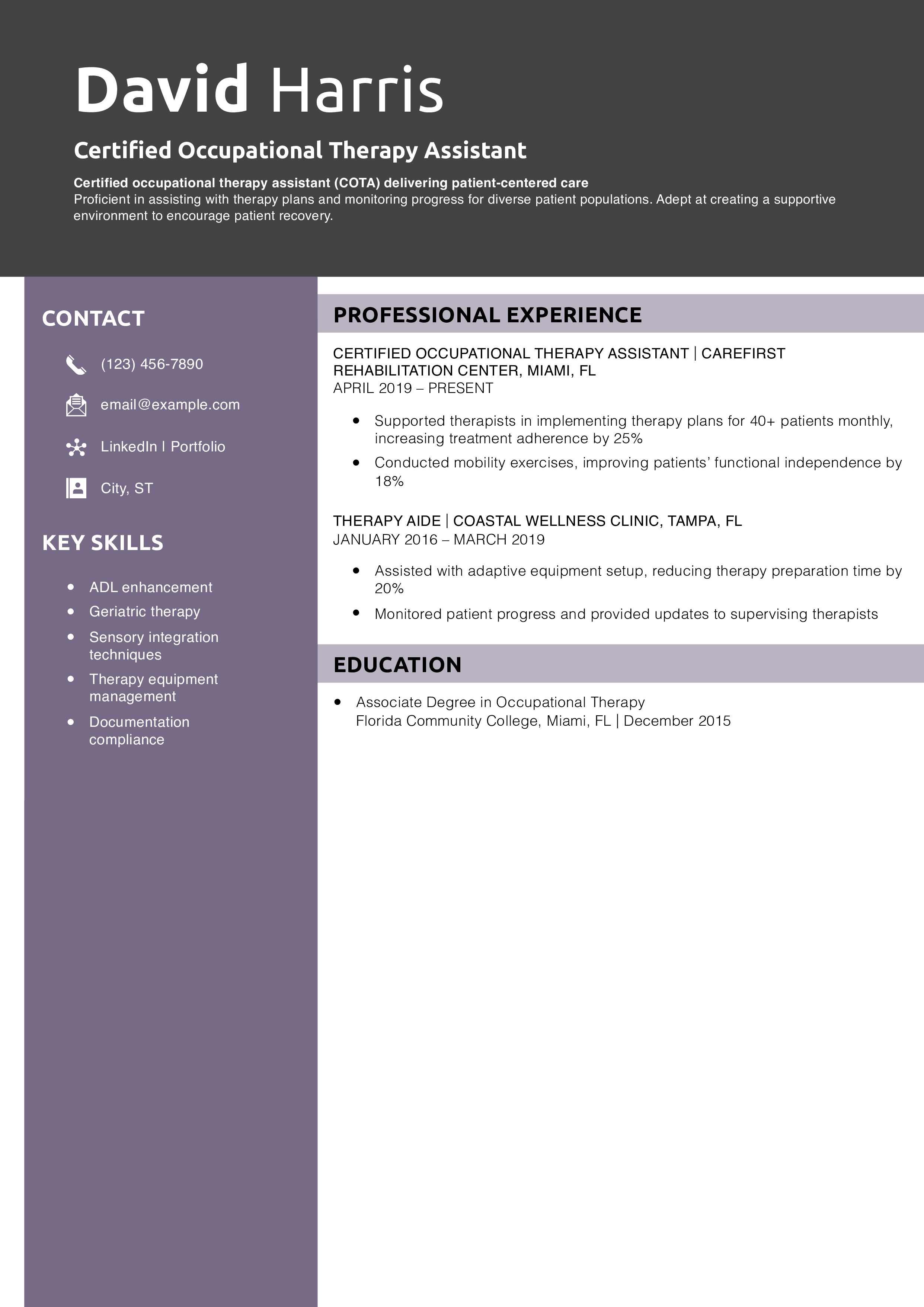 Certified Occupational Therapy Assistant Resume