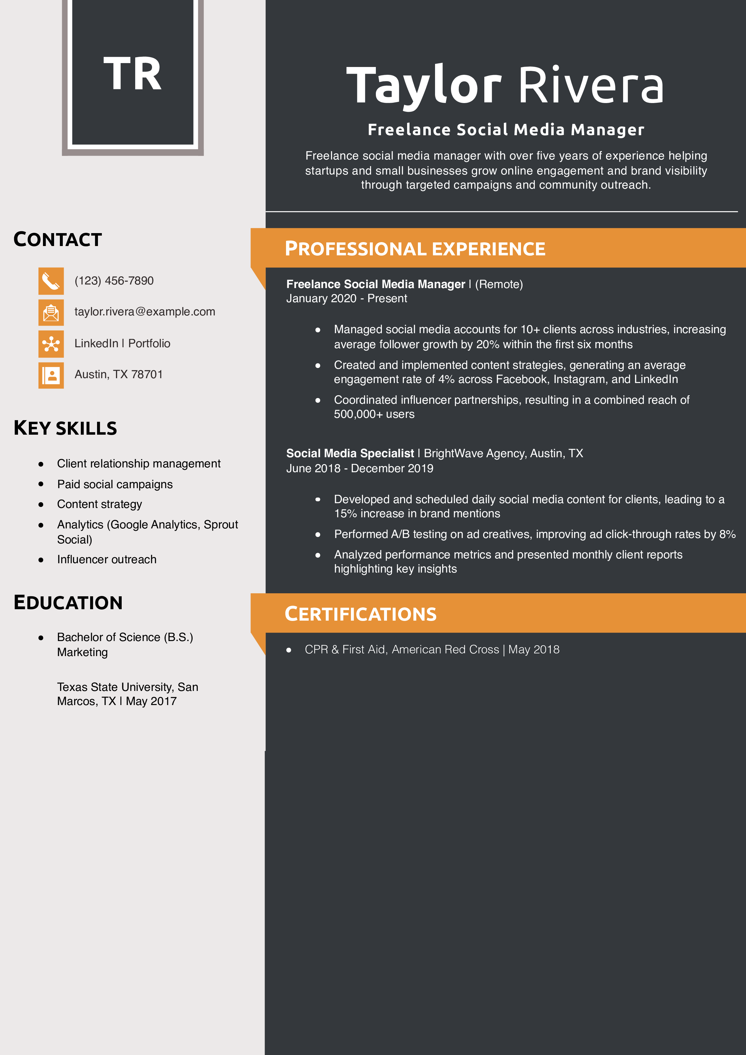 Freelance Social Media Manager Resume Example